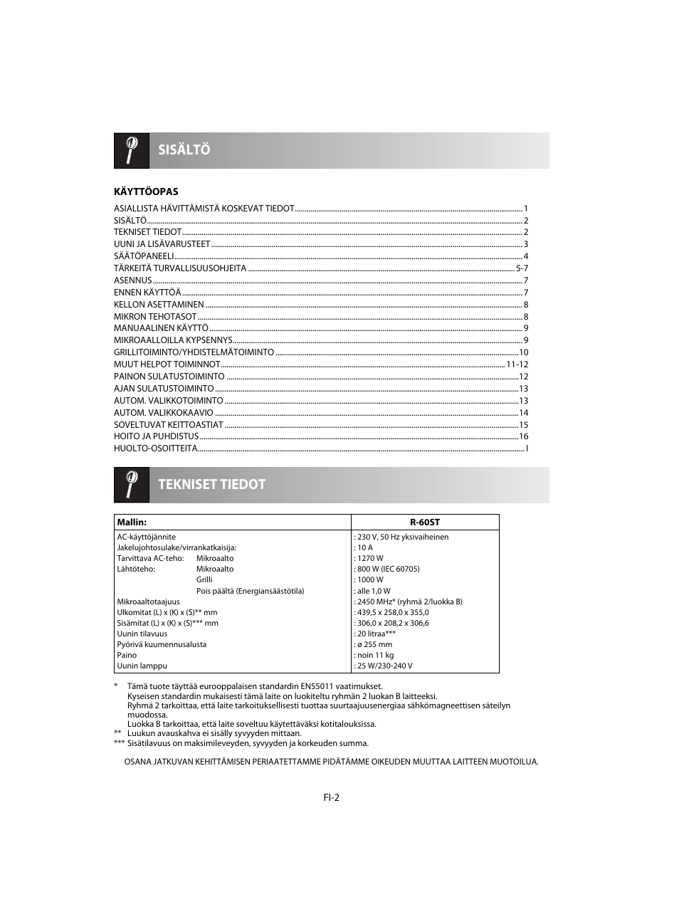 Tekniset tiedot sisältö | Sharp R-60STE User Manual | Page 148 / 180