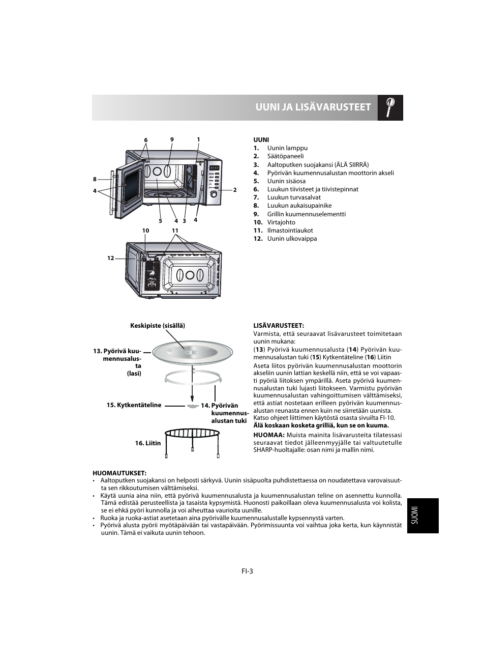 Uuni ja lisävarusteet, Suomi | Sharp R-60STE User Manual | Page 149 / 180