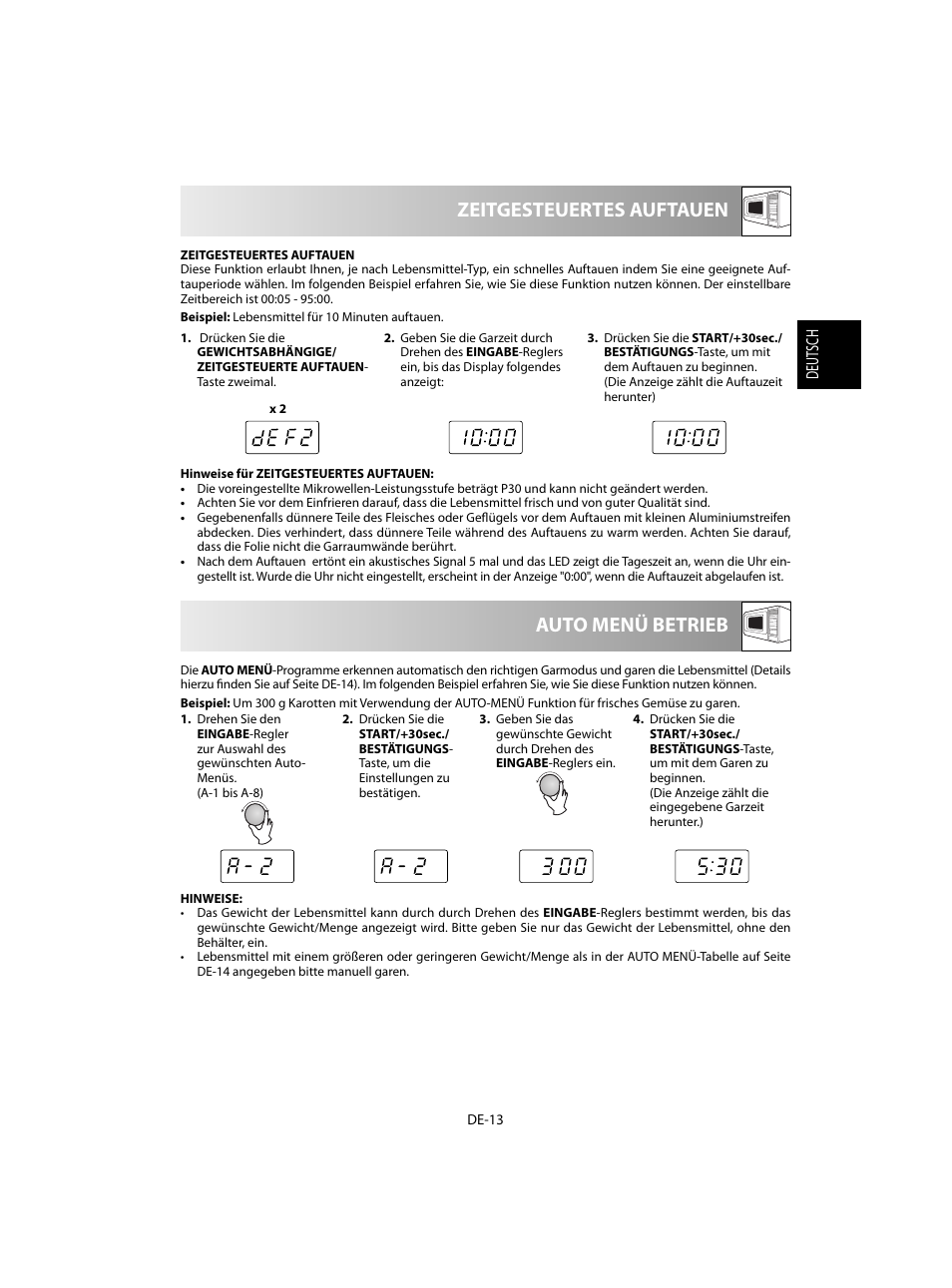 Zeitgesteuertes auftauen, Auto menü betrieb | Sharp R-60STE User Manual | Page 15 / 180