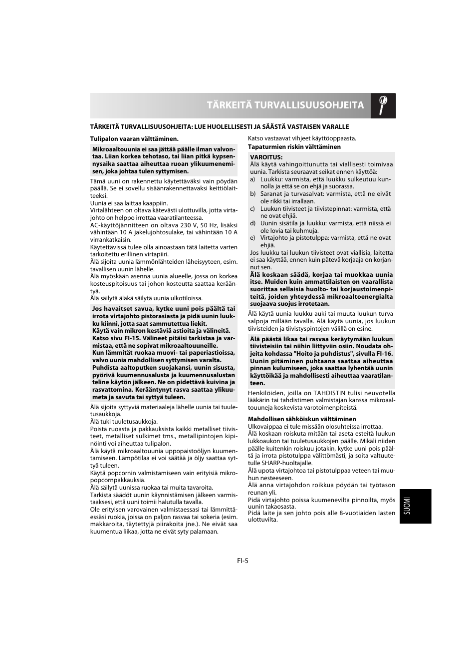 Tärkeitä turvallisuusohjeita | Sharp R-60STE User Manual | Page 151 / 180