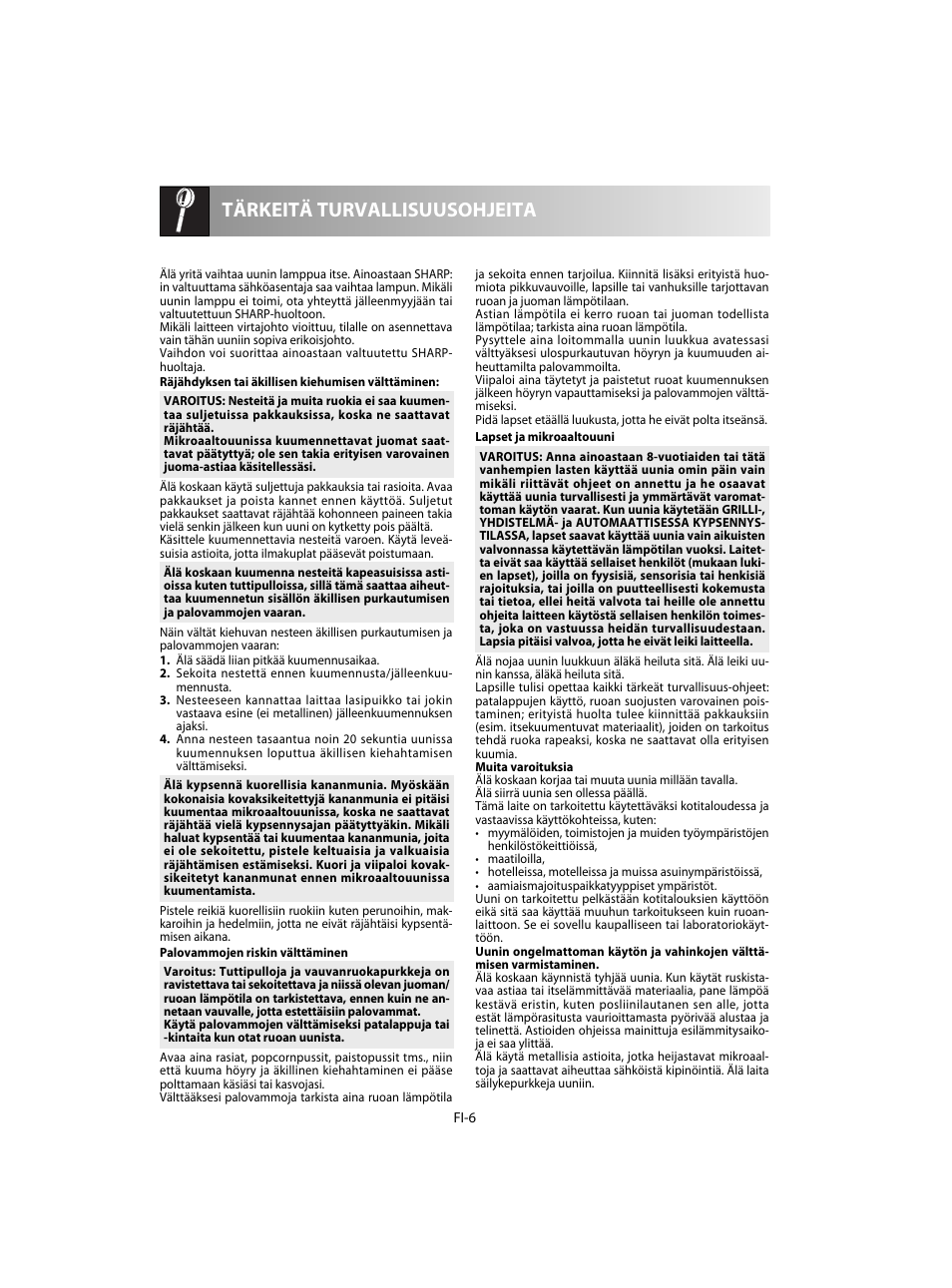 Tärkeitä turvallisuusohjeita | Sharp R-60STE User Manual | Page 152 / 180