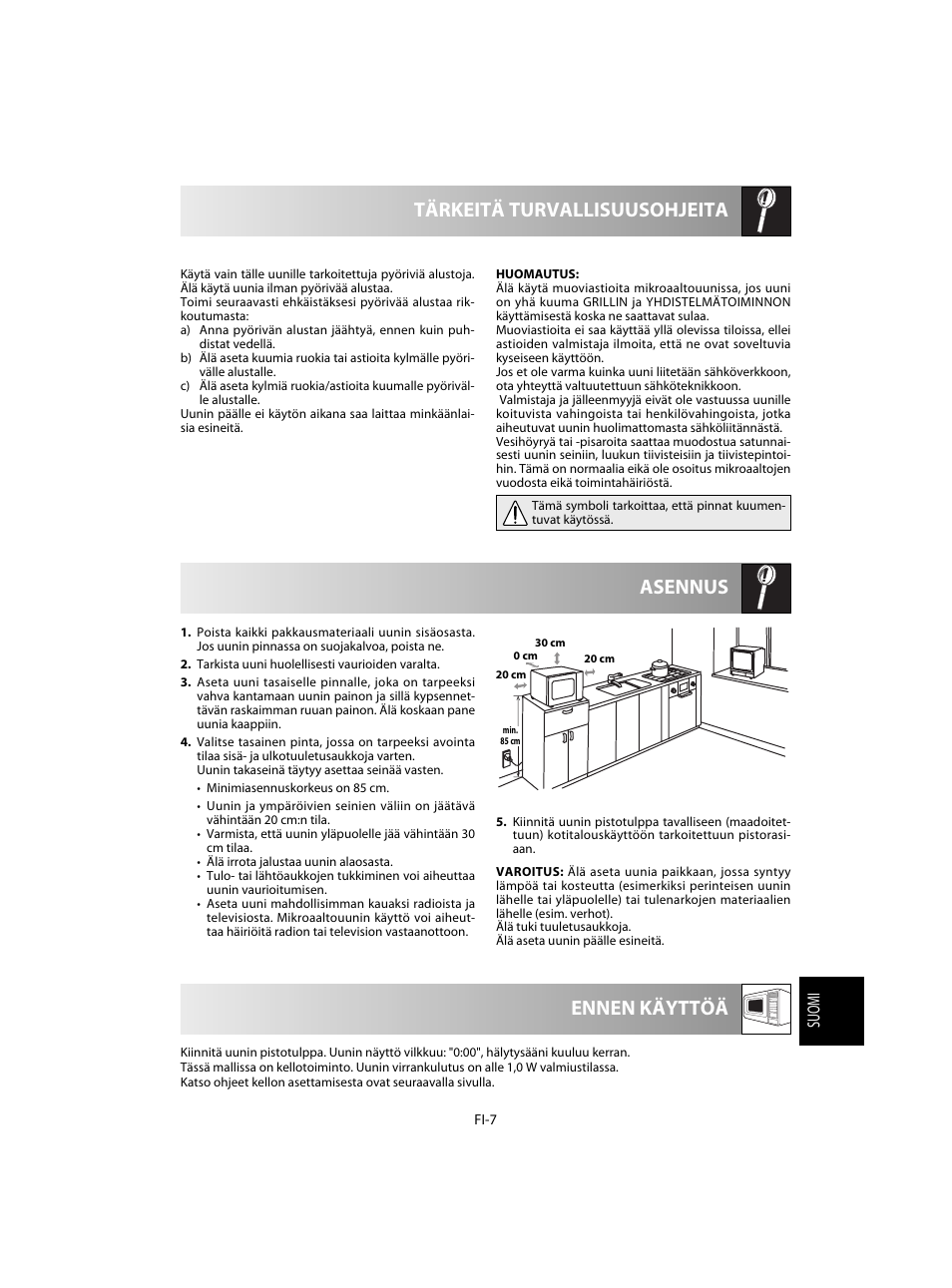 Asennus ennen käyttöä tärkeitä turvallisuusohjeita, Suomi | Sharp R-60STE User Manual | Page 153 / 180