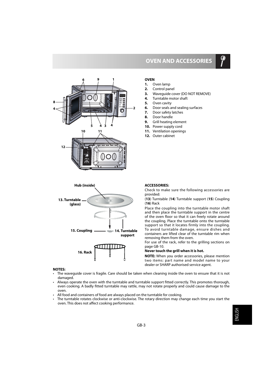 Oven and accessories, English | Sharp R-60STE User Manual | Page 165 / 180