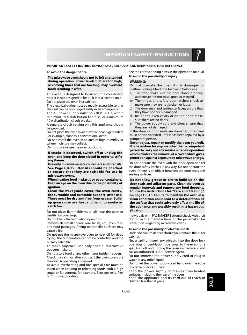 Important safety instructions | Sharp R-60STE User Manual | Page 167 / 180