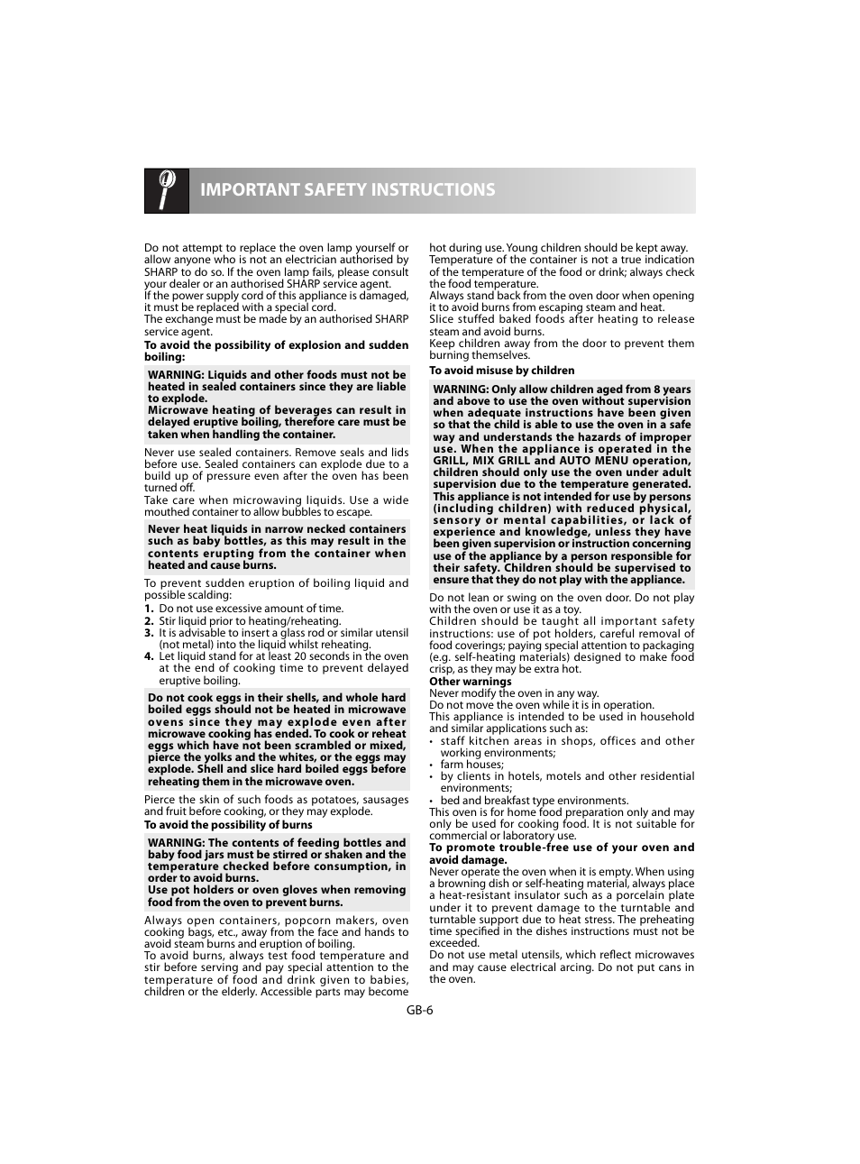 Important safety instructions | Sharp R-60STE User Manual | Page 168 / 180