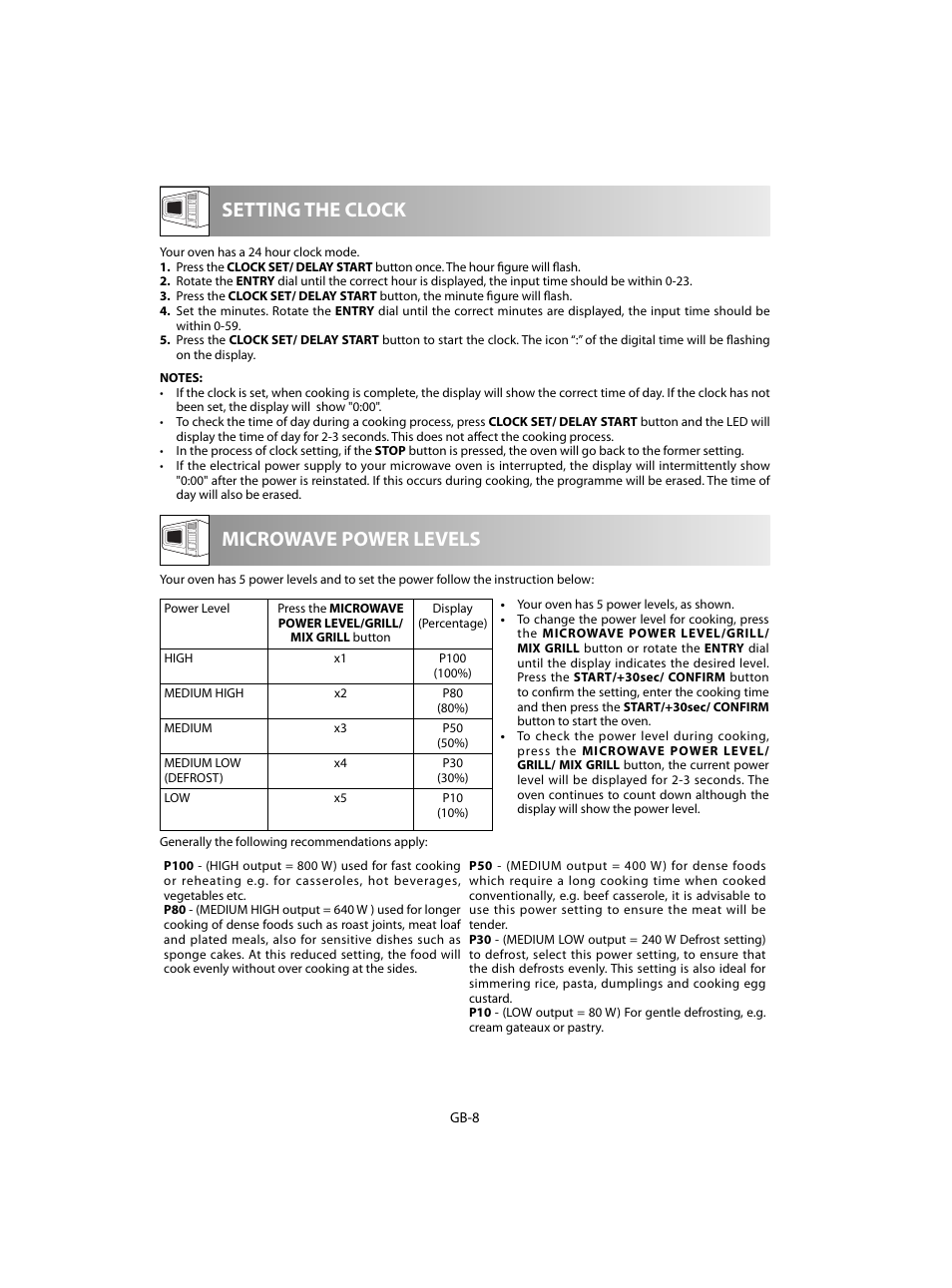 Microwave power levels setting the clock | Sharp R-60STE User Manual | Page 170 / 180