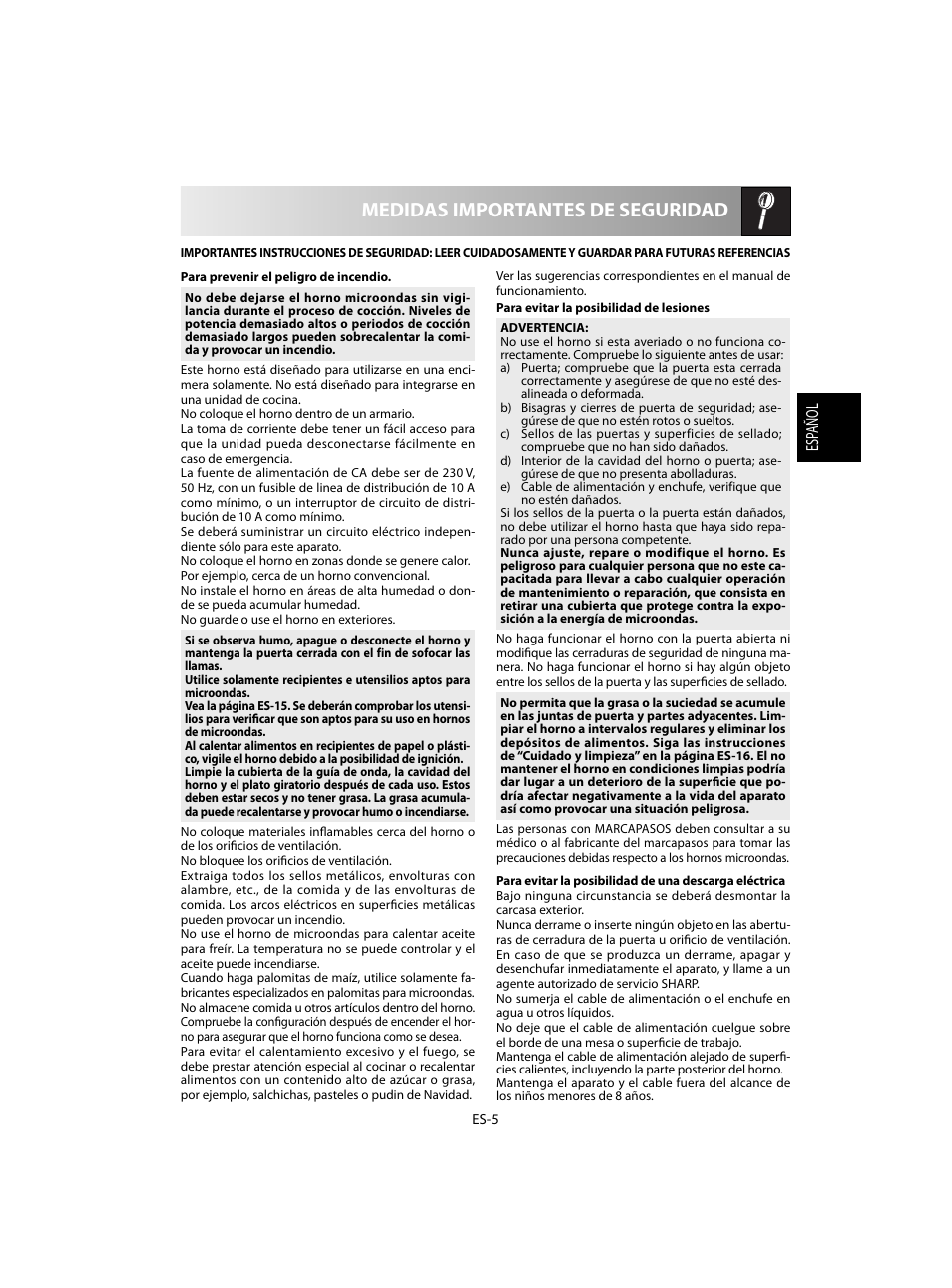 Medidas importantes de seguridad | Sharp R-60STE User Manual | Page 23 / 180