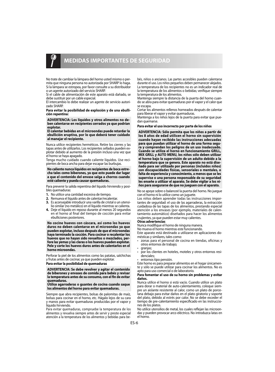 Medidas importantes de seguridad | Sharp R-60STE User Manual | Page 24 / 180