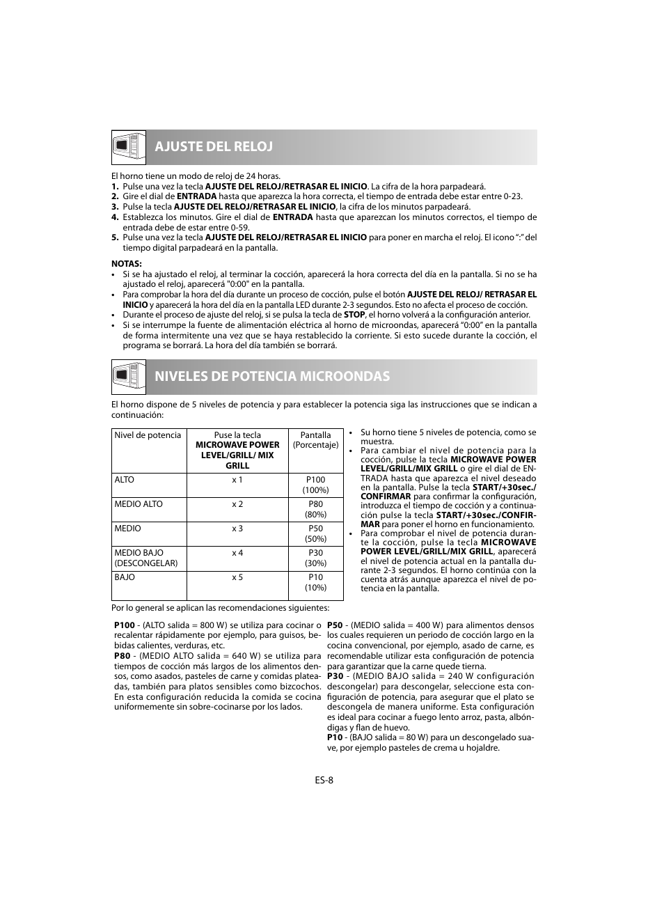 Niveles de potencia microondas ajuste del reloj | Sharp R-60STE User Manual | Page 26 / 180