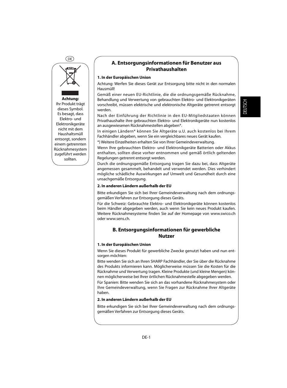 B. entsorgungsinformationen für gewerbliche nutzer | Sharp R-60STE User Manual | Page 3 / 180