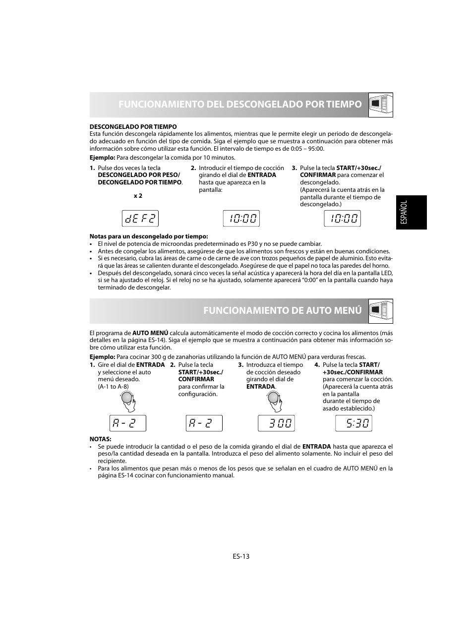 Funcionamiento del descongelado por tiempo, Funcionamiento de auto menú | Sharp R-60STE User Manual | Page 31 / 180