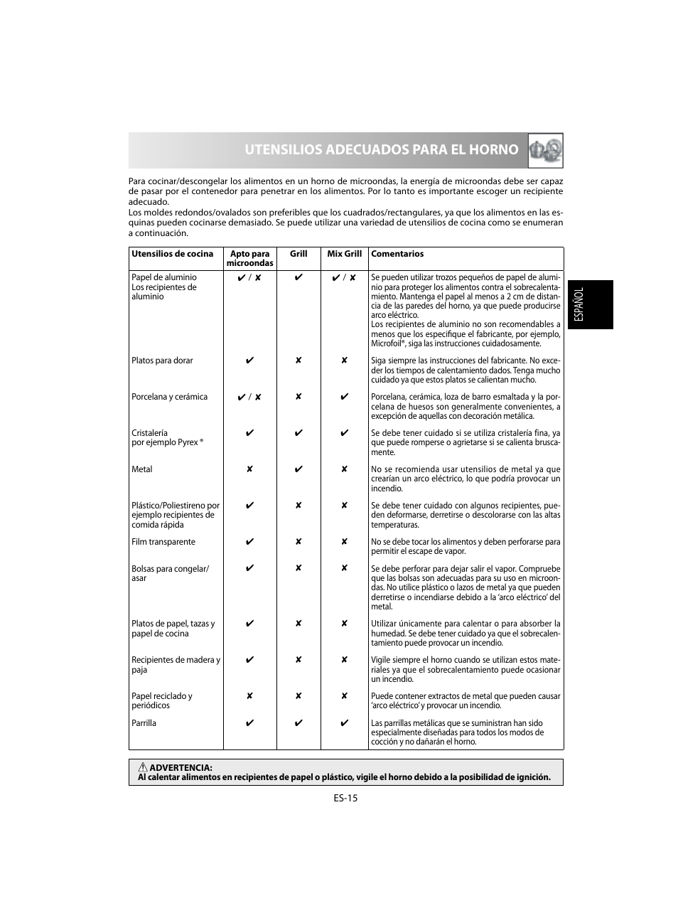 Utensilios adecuados para el horno, Esp añol | Sharp R-60STE User Manual | Page 33 / 180