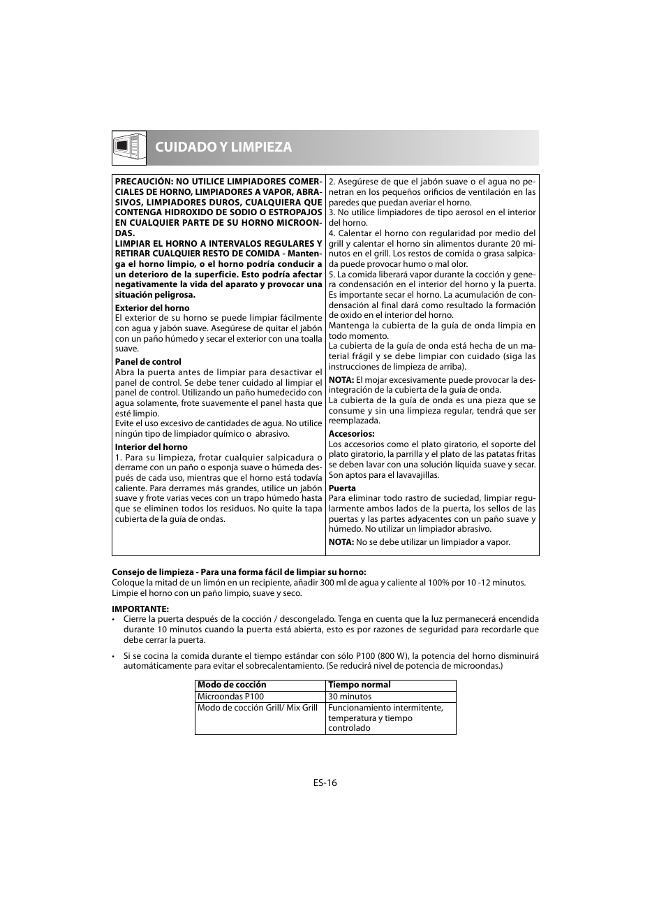 Cuidado y limpieza | Sharp R-60STE User Manual | Page 34 / 180