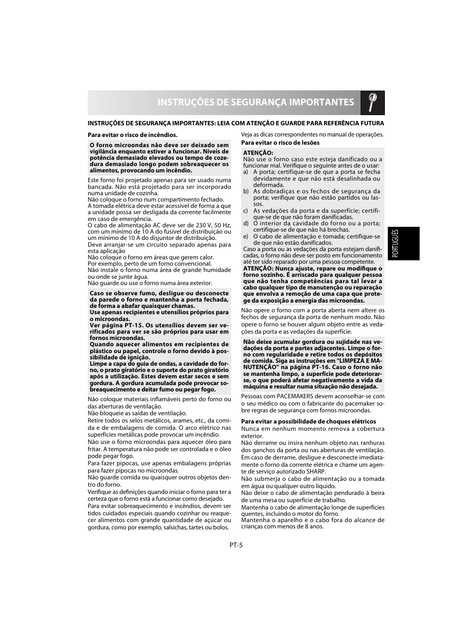 Instruções de segurança importantes | Sharp R-60STE User Manual | Page 39 / 180