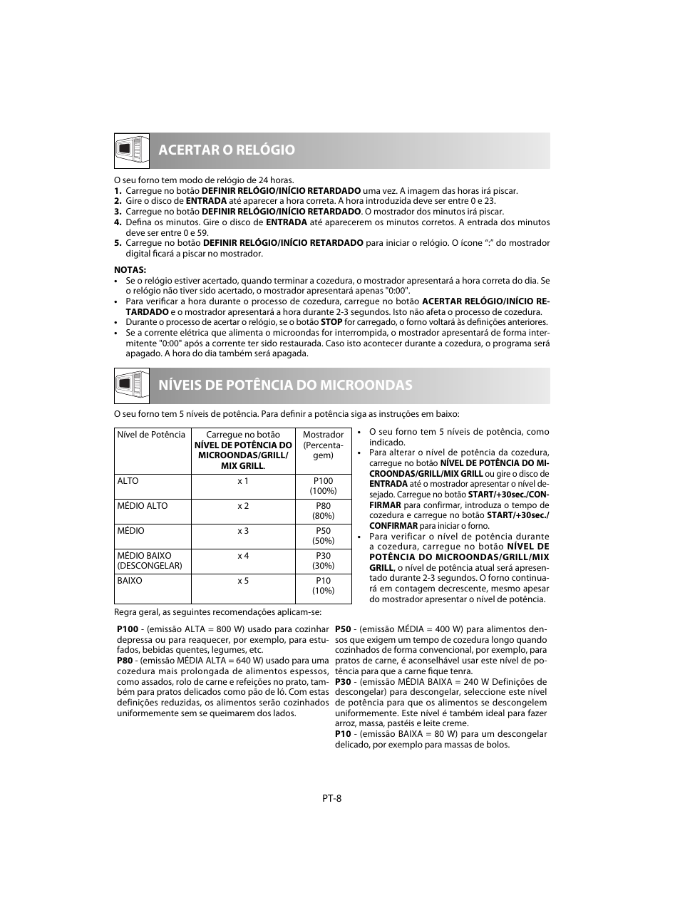 Níveis de potência do microondas acertar o relógio | Sharp R-60STE User Manual | Page 42 / 180