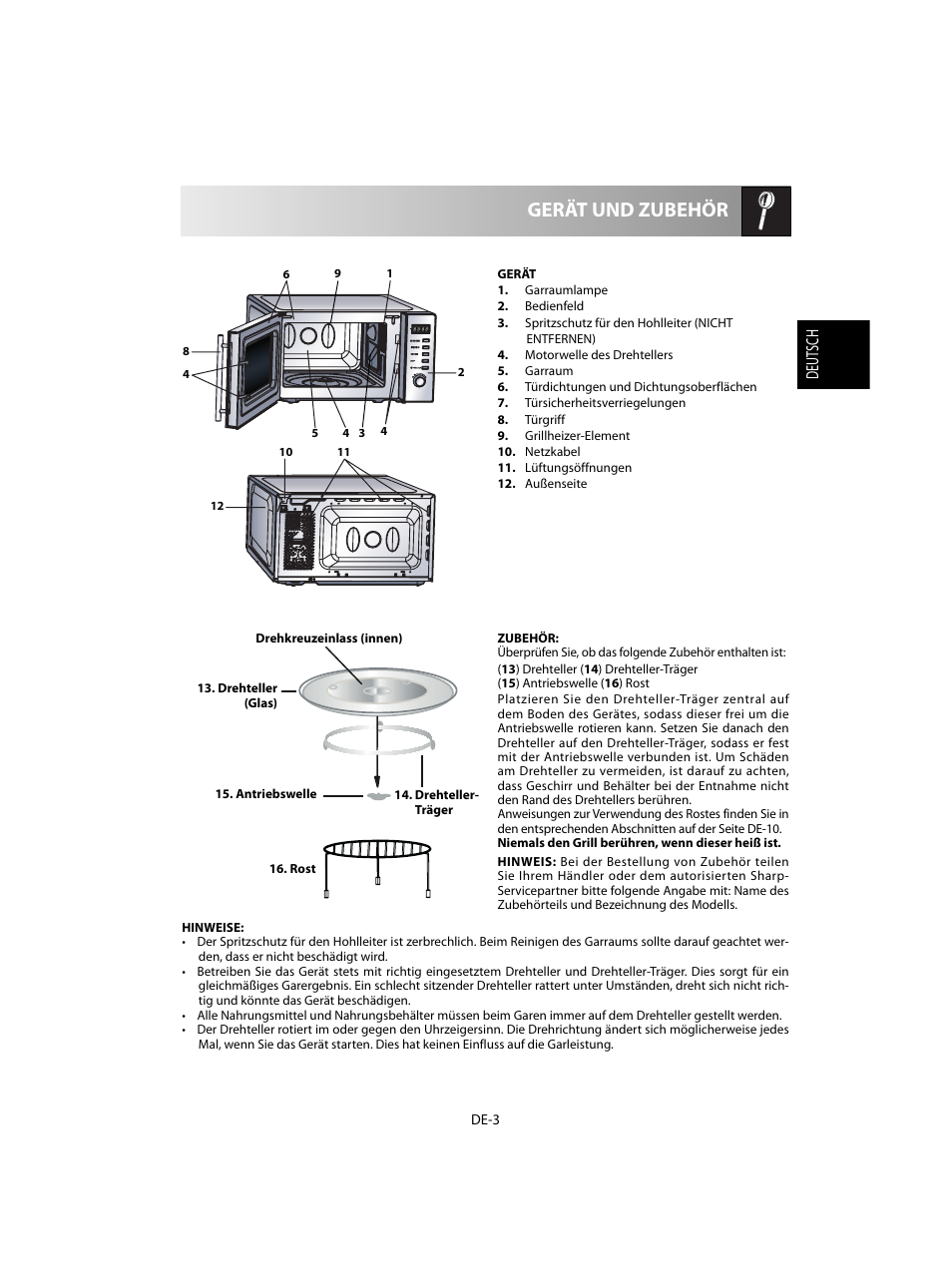 Gerät und zubehör, Deutsch | Sharp R-60STE User Manual | Page 5 / 180