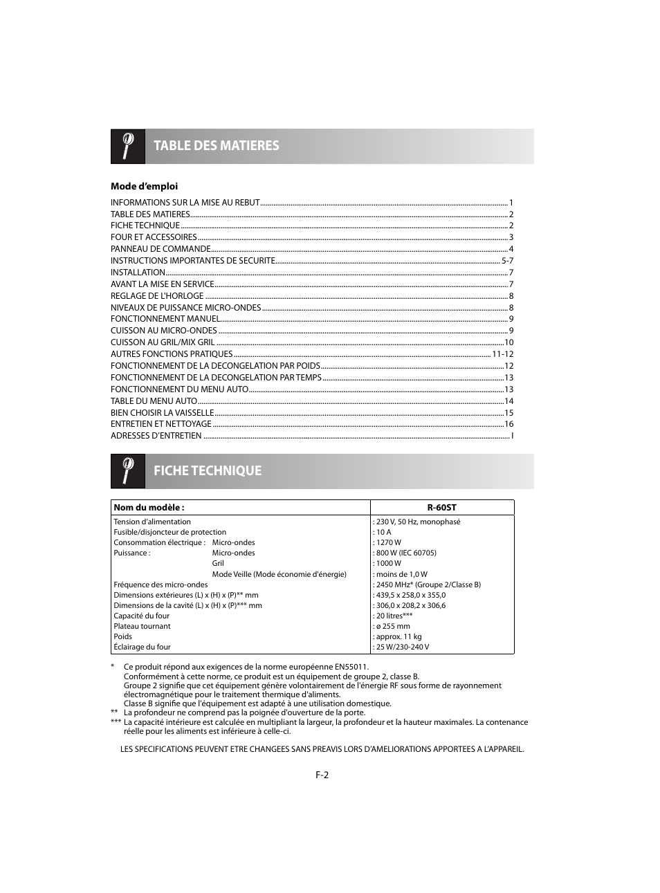 Fiche technique table des matieres | Sharp R-60STE User Manual | Page 52 / 180