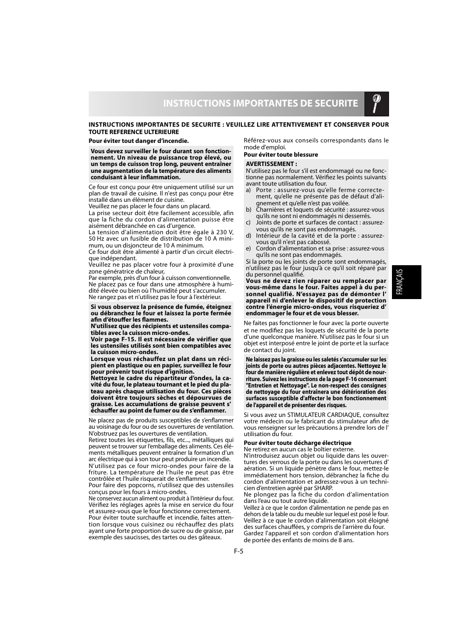 Instructions importantes de securite | Sharp R-60STE User Manual | Page 55 / 180