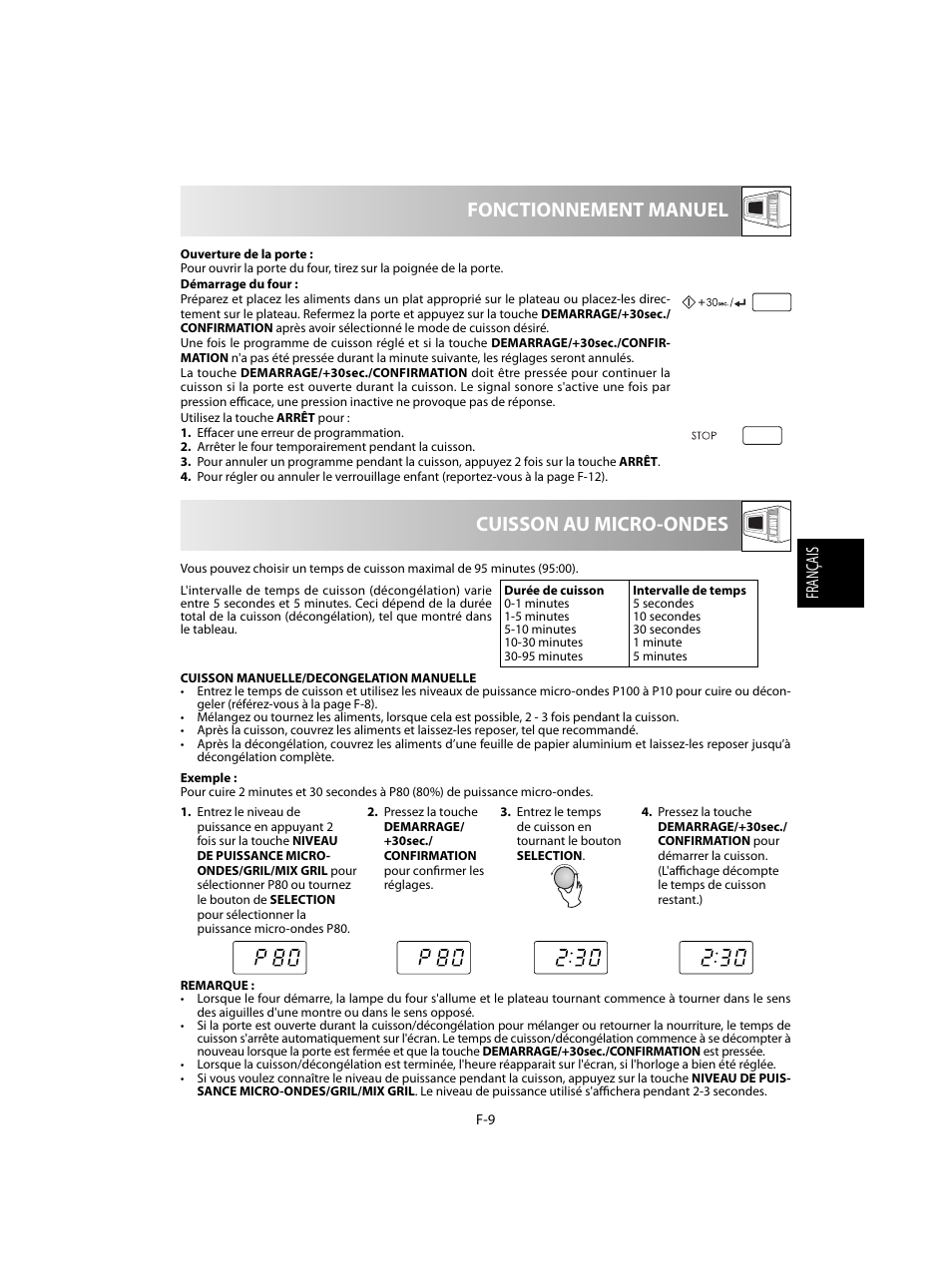 Cuisson au micro-ondes fonctionnement manuel | Sharp R-60STE User Manual | Page 59 / 180