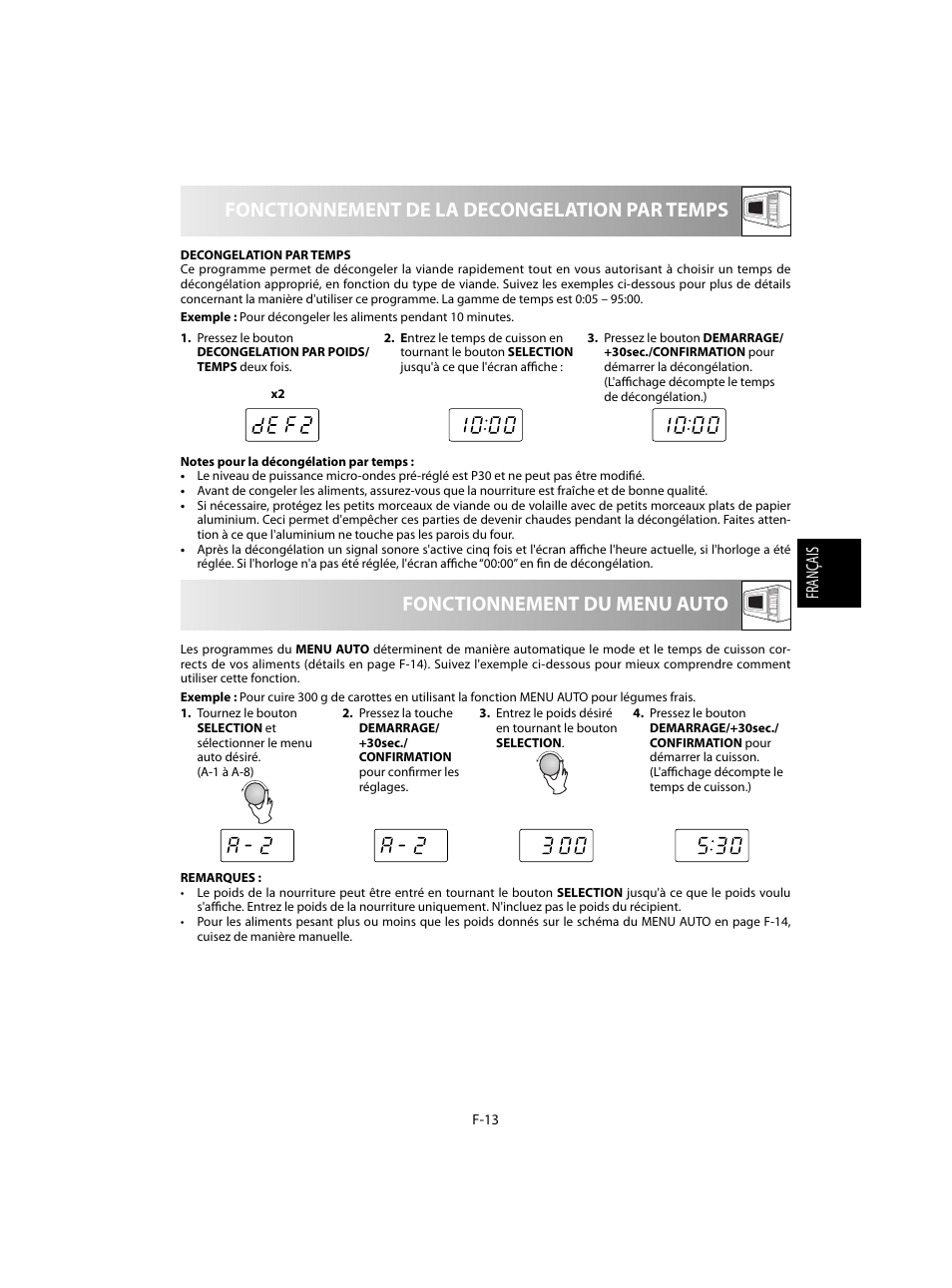 Fonctionnement de la decongelation par temps, Fonctionnement du menu auto | Sharp R-60STE User Manual | Page 63 / 180