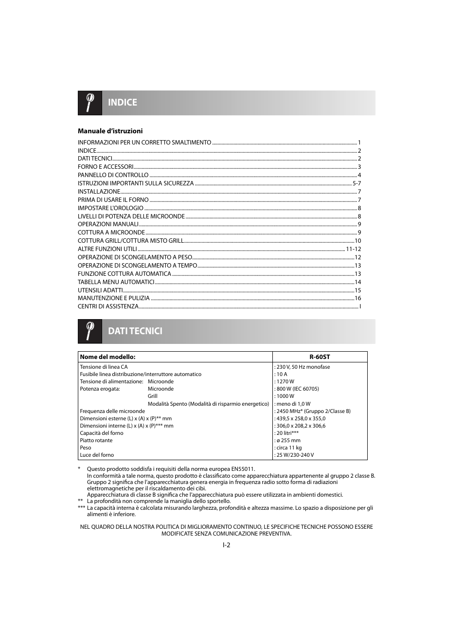 Dati tecnici indice | Sharp R-60STE User Manual | Page 68 / 180