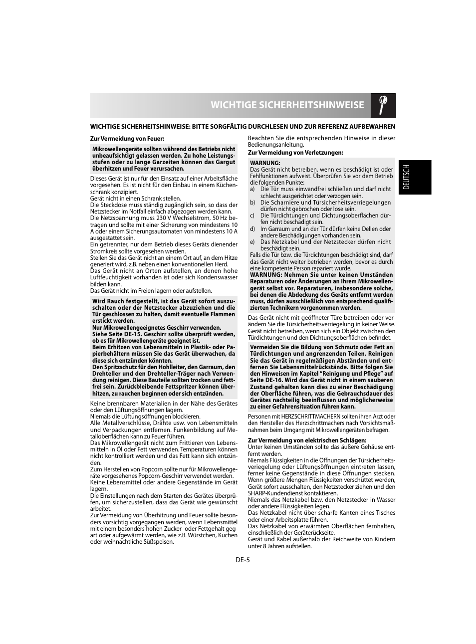 Wichtige sicherheitshinweise | Sharp R-60STE User Manual | Page 7 / 180