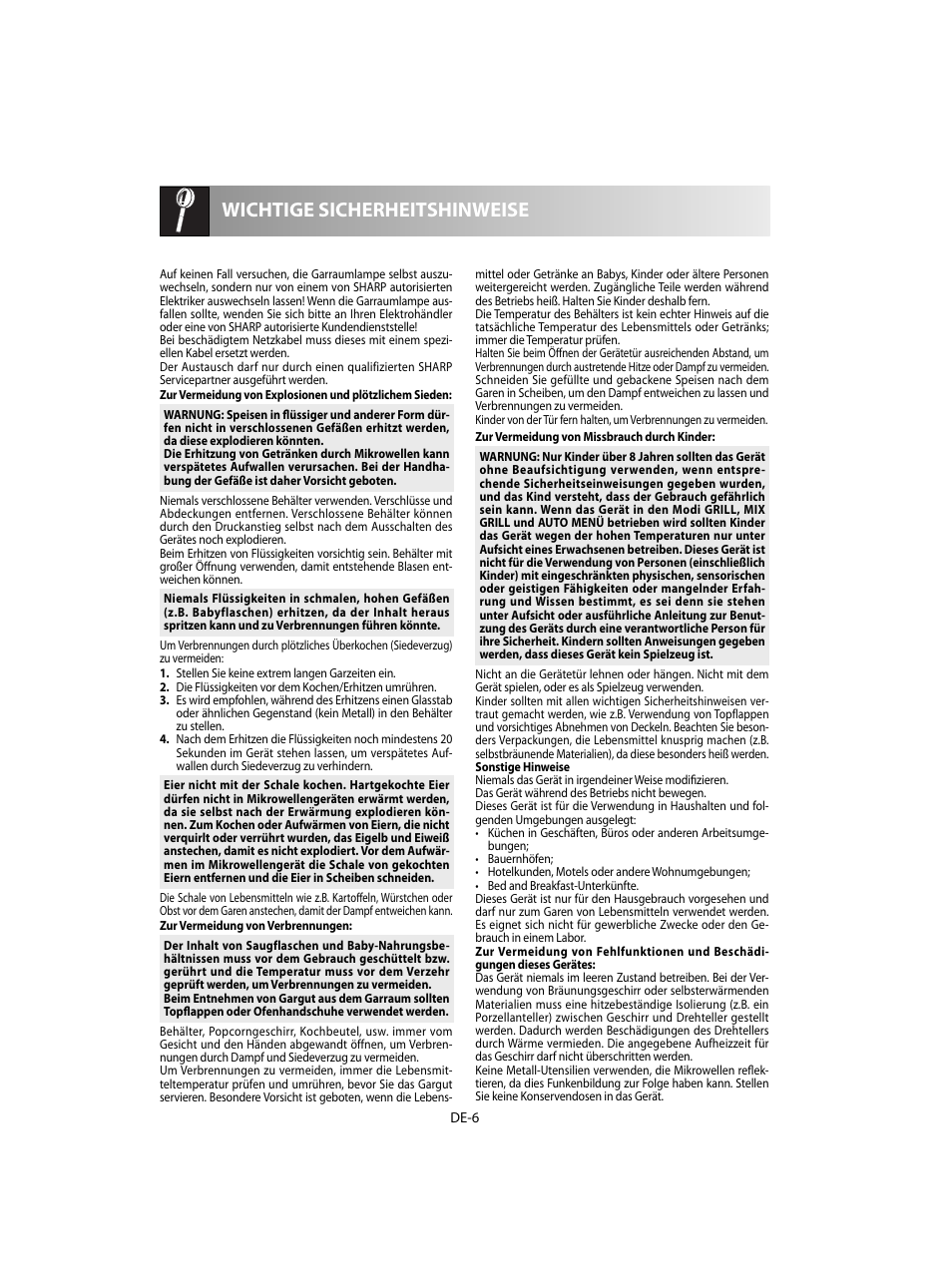 Wichtige sicherheitshinweise | Sharp R-60STE User Manual | Page 8 / 180
