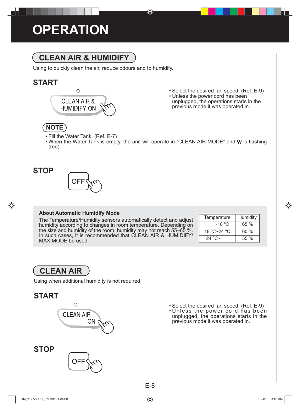 Operation, Stop, Clean air & humidify | Start stop clean air, Start | Sharp KC-A60EU W User Manual | Page 10 / 219
