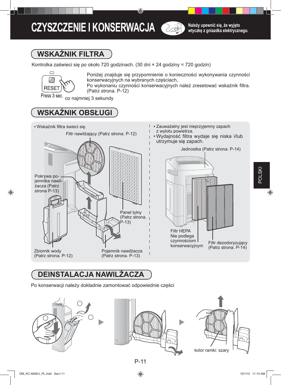 Czyszczenie i konserwacja, Wskaźnik obsługi, Deinstalacja nawilżacza | Wskaźnik filtra | Sharp KC-A60EU W User Manual | Page 101 / 219