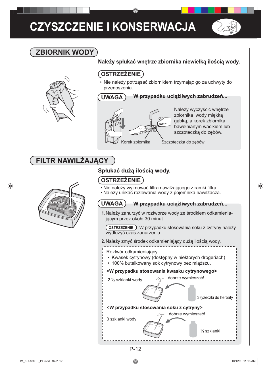 Czyszczenie i konserwacja, Zbiornik wody, Filtr nawilżający | Sharp KC-A60EU W User Manual | Page 102 / 219