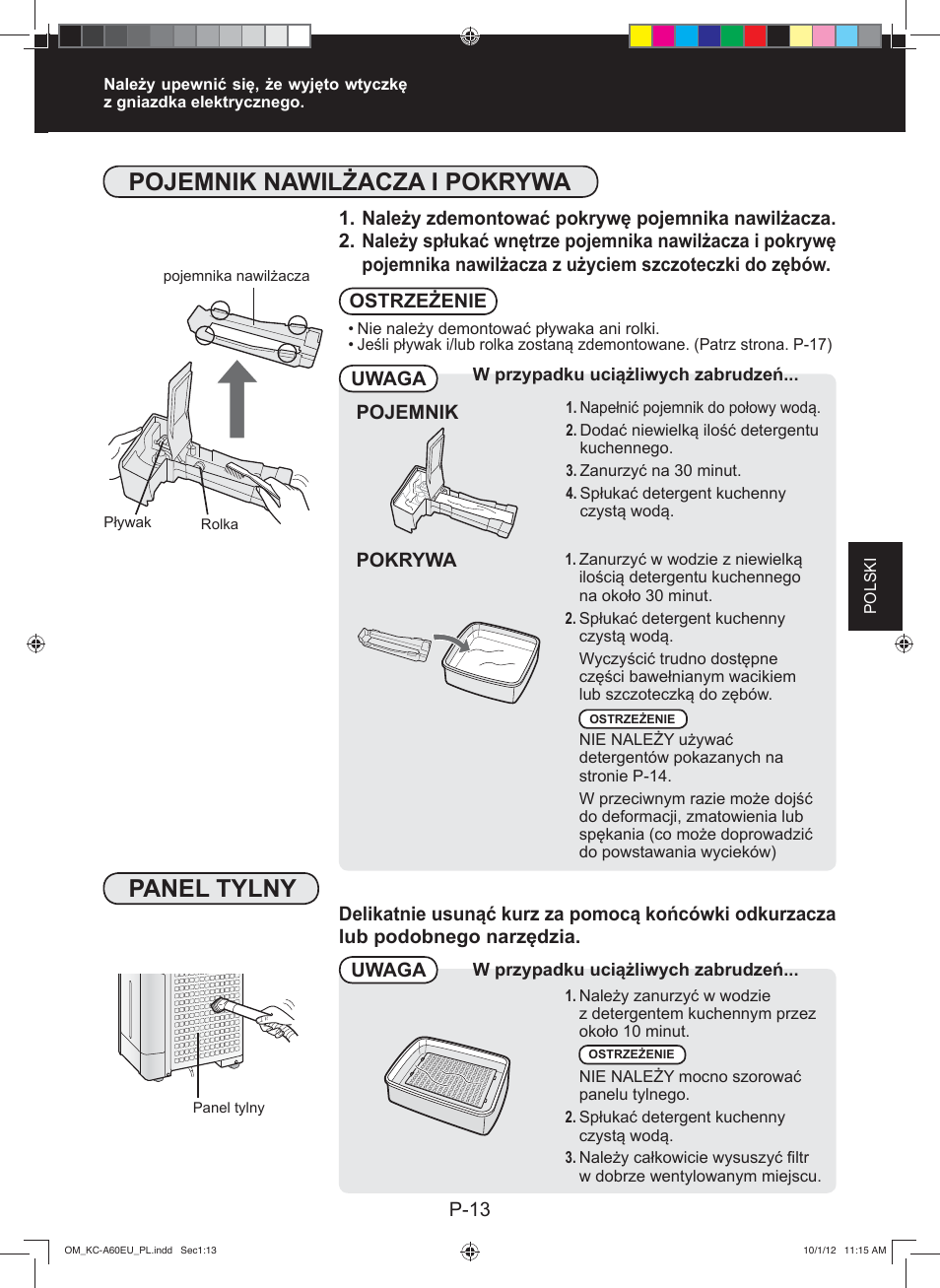 Pojemnik nawilżacza i pokrywa, Panel tylny | Sharp KC-A60EU W User Manual | Page 103 / 219