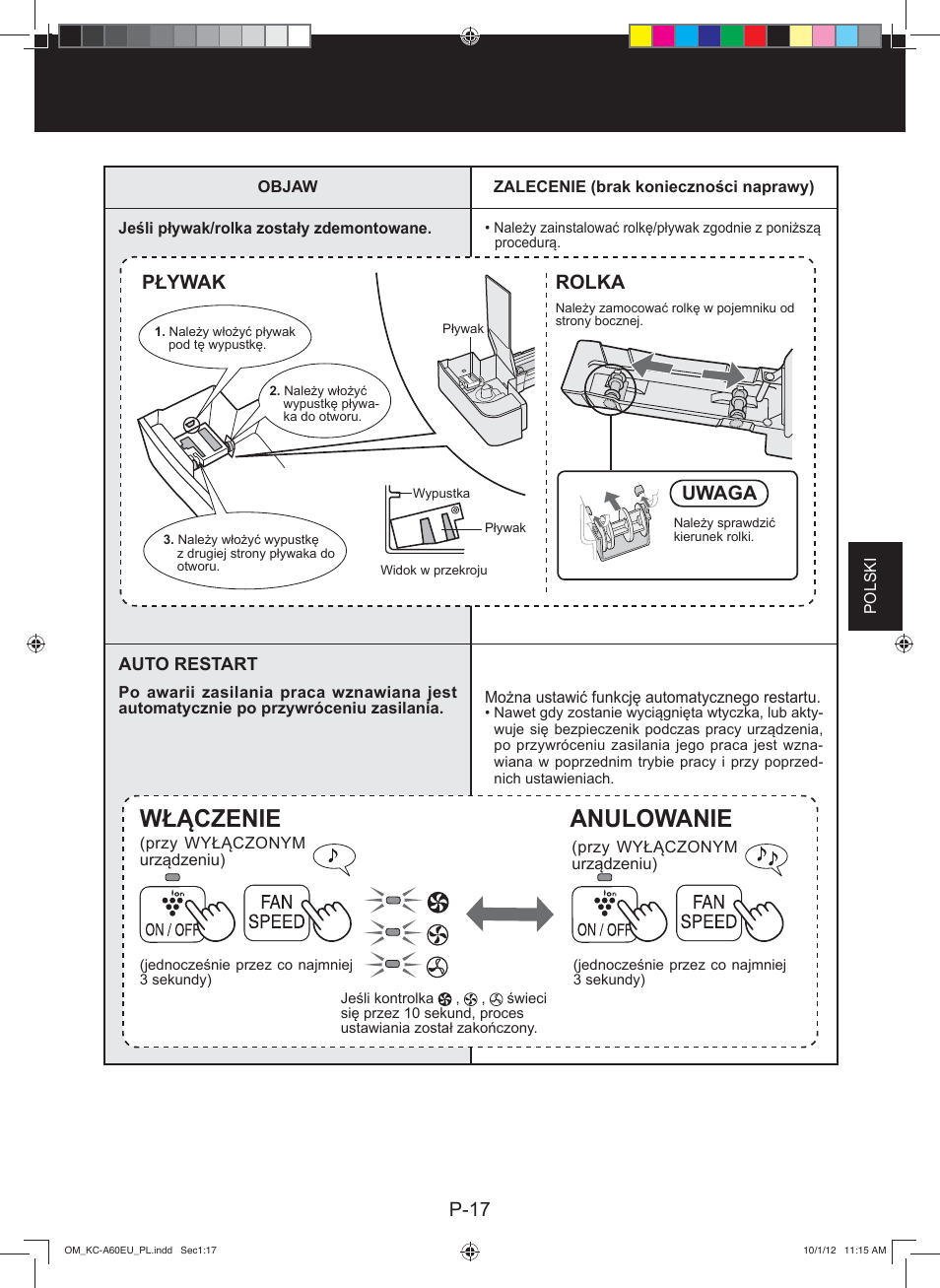 Włączenie, Anulowanie, P-17 | Pływak rolka, Uwaga | Sharp KC-A60EU W User Manual | Page 107 / 219