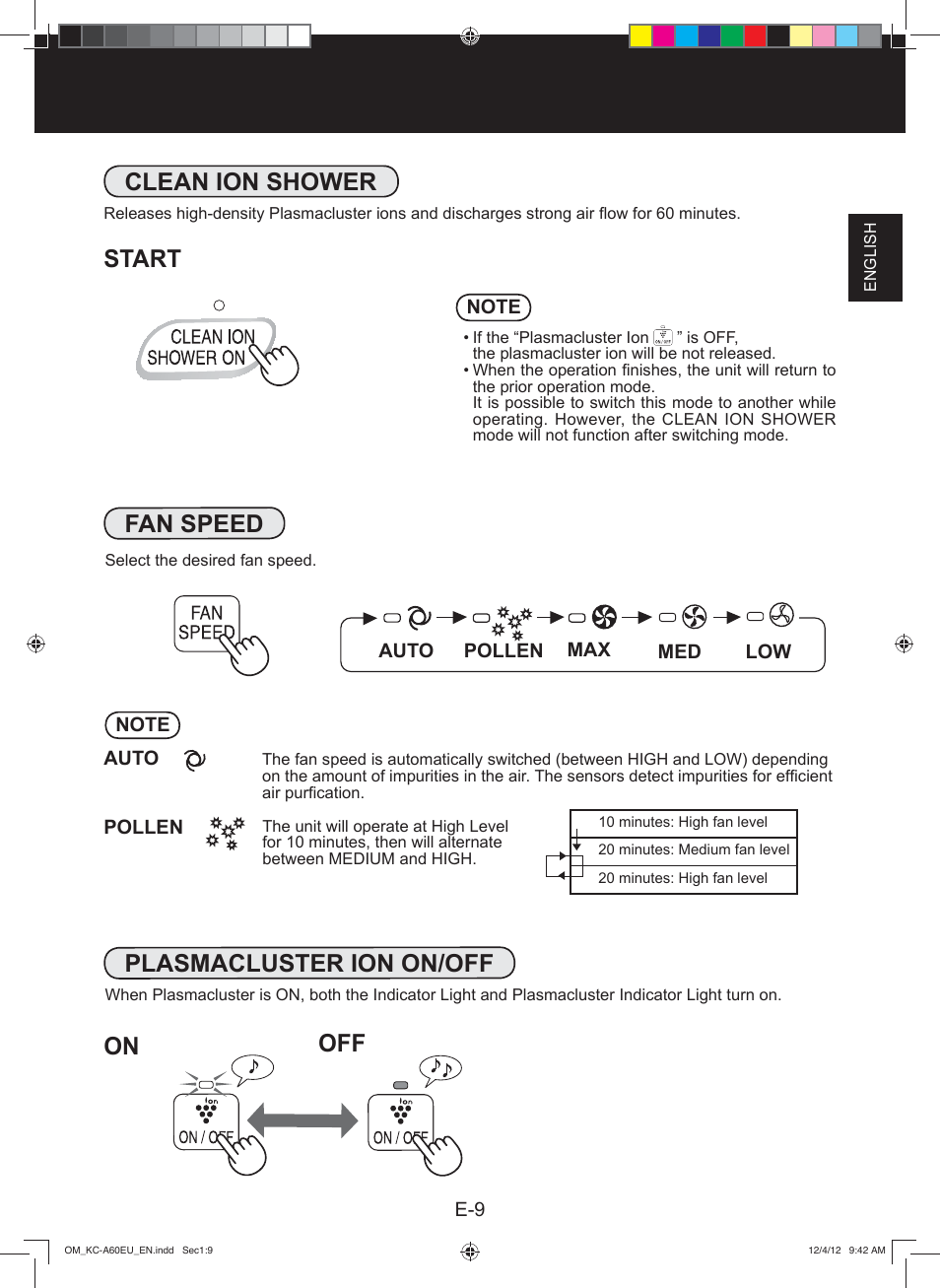 Clean ion shower start, Plasmacluster ion on/off fan speed | Sharp KC-A60EU W User Manual | Page 11 / 219