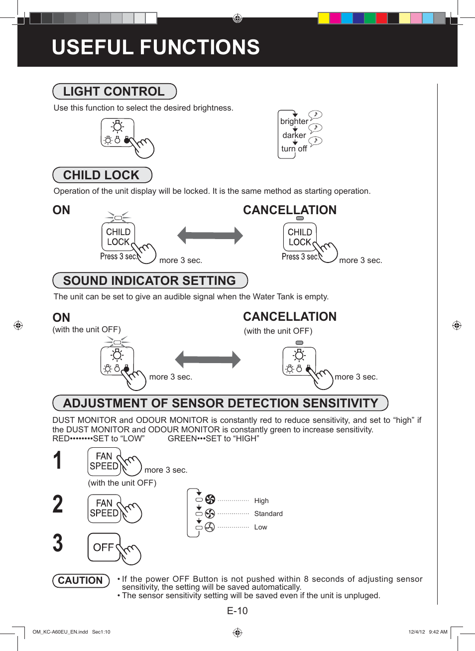 Useful functions, Light control, Child lock | On cancellation sound indicator setting, On adjustment of sensor detection sensitivity, Cancellation | Sharp KC-A60EU W User Manual | Page 12 / 219