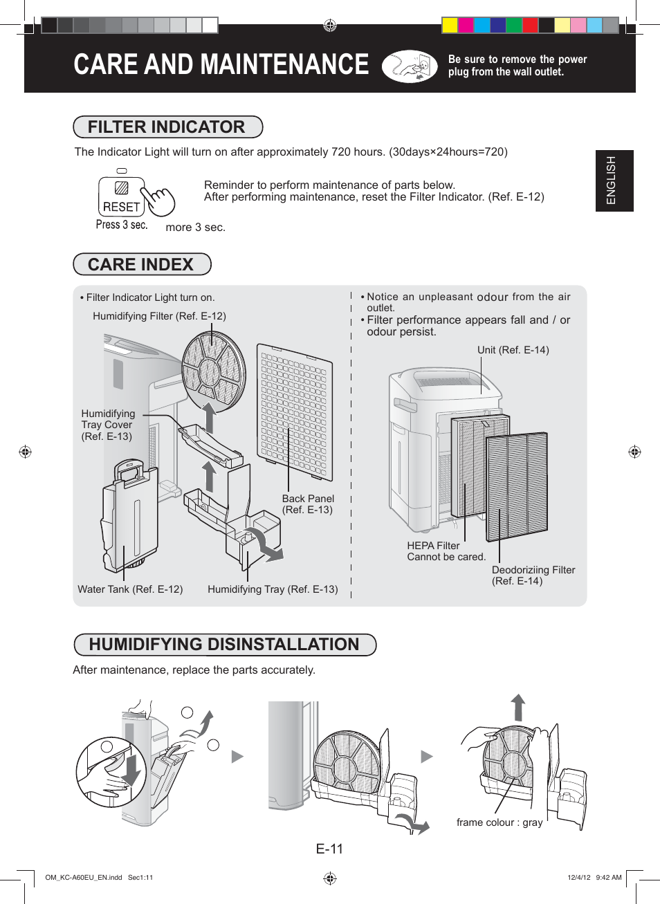 Care and maintenance, Care index, Humidifying disinstallation | Filter indicator | Sharp KC-A60EU W User Manual | Page 13 / 219