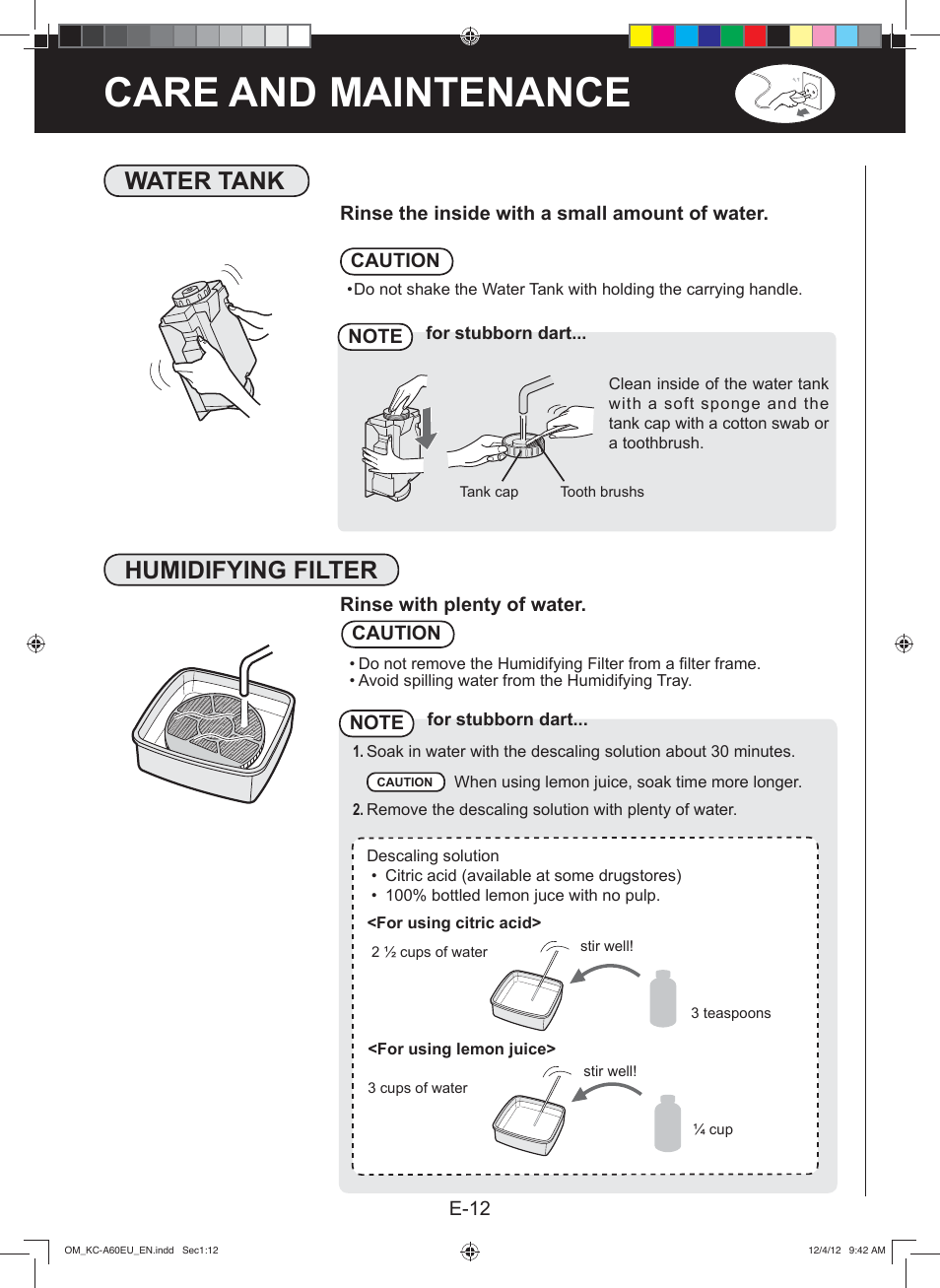 Care and maintenance, Water tank, Humidifying filter | Sharp KC-A60EU W User Manual | Page 14 / 219