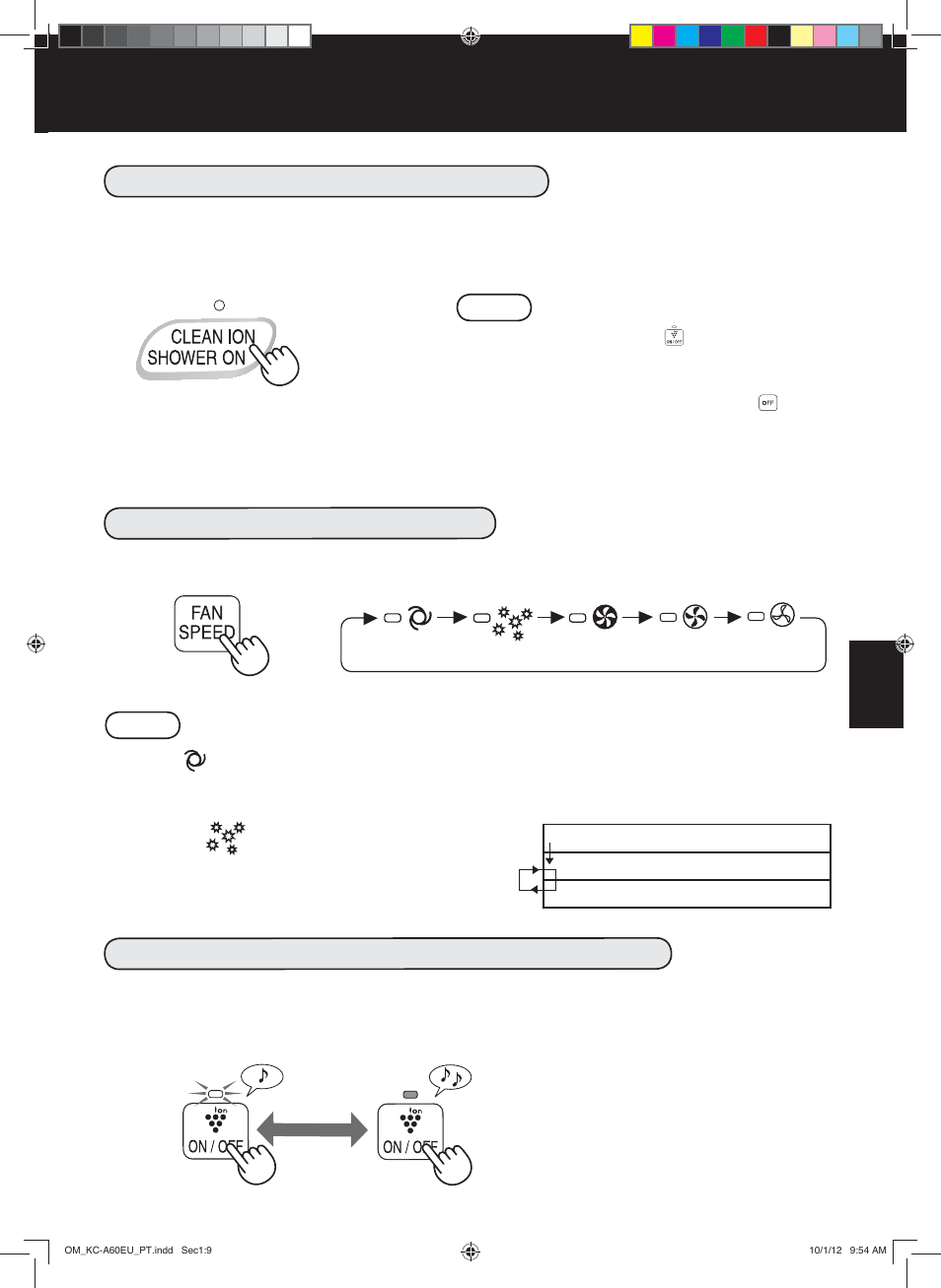 Limpeza com chuveiro iónico iniciar, Desligado, Ligado | Sharp KC-A60EU W User Manual | Page 143 / 219