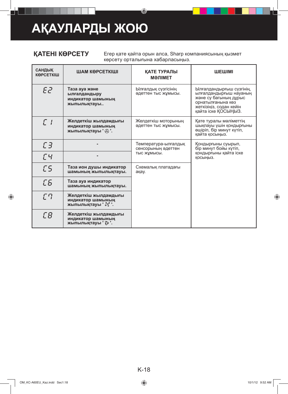 Ақауларды жою, Қатені көрсету, K-18 | Sharp KC-A60EU W User Manual | Page 174 / 219