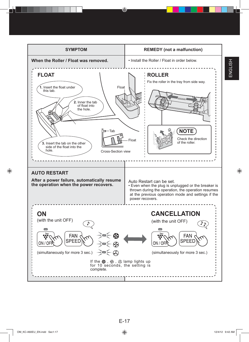 Cancellation, E-17, Float roller | Sharp KC-A60EU W User Manual | Page 19 / 219