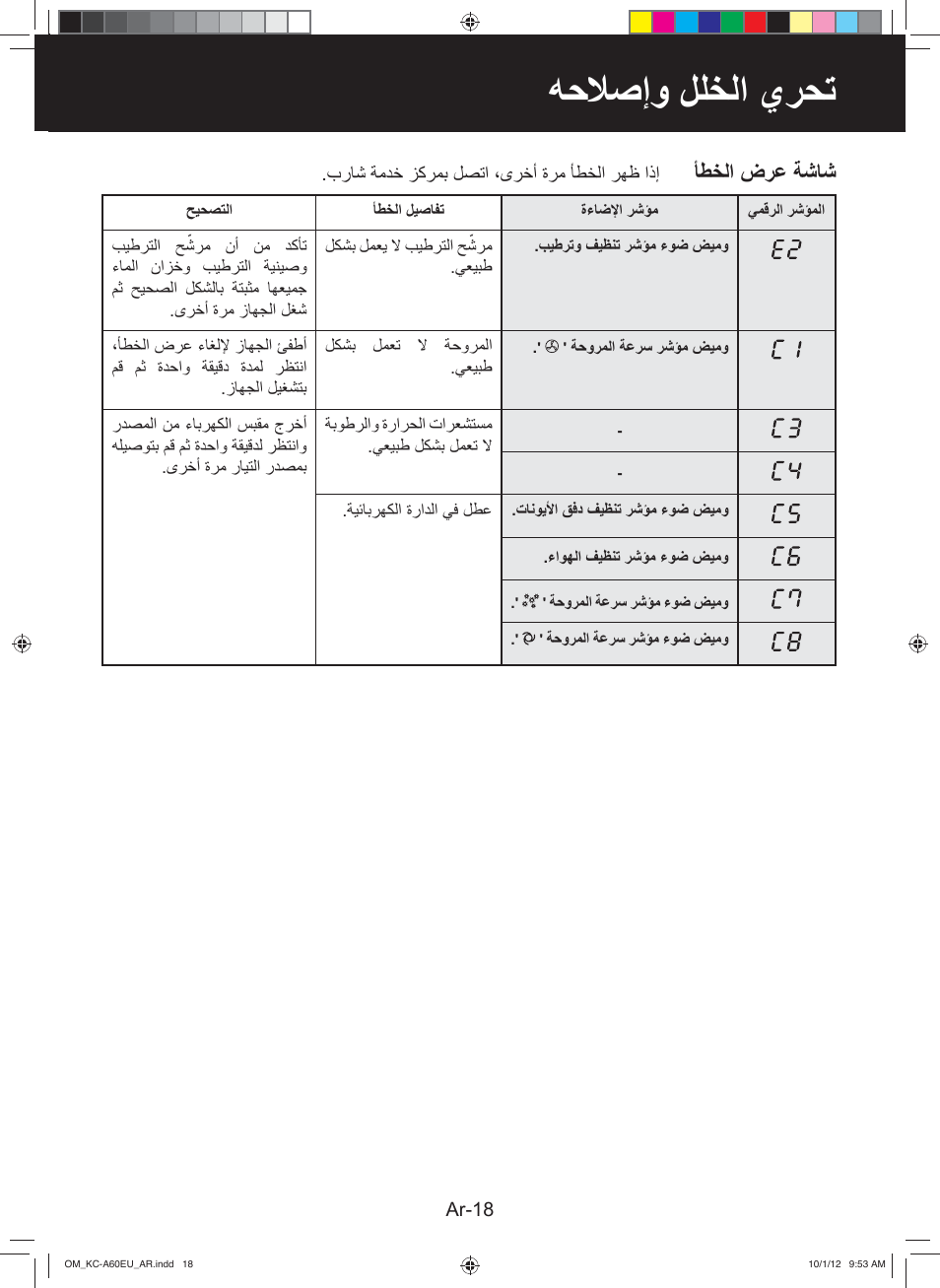 ﻪﺣﻼﺻﺇﻭ ﻝﻠﺧﻟﺍ ﻱﺭﺣﺗ, ﺄﻁﺧﻟﺍ ﺽﺭﻋ ﺔﺷﺎﺷ | Sharp KC-A60EU W User Manual | Page 200 / 219