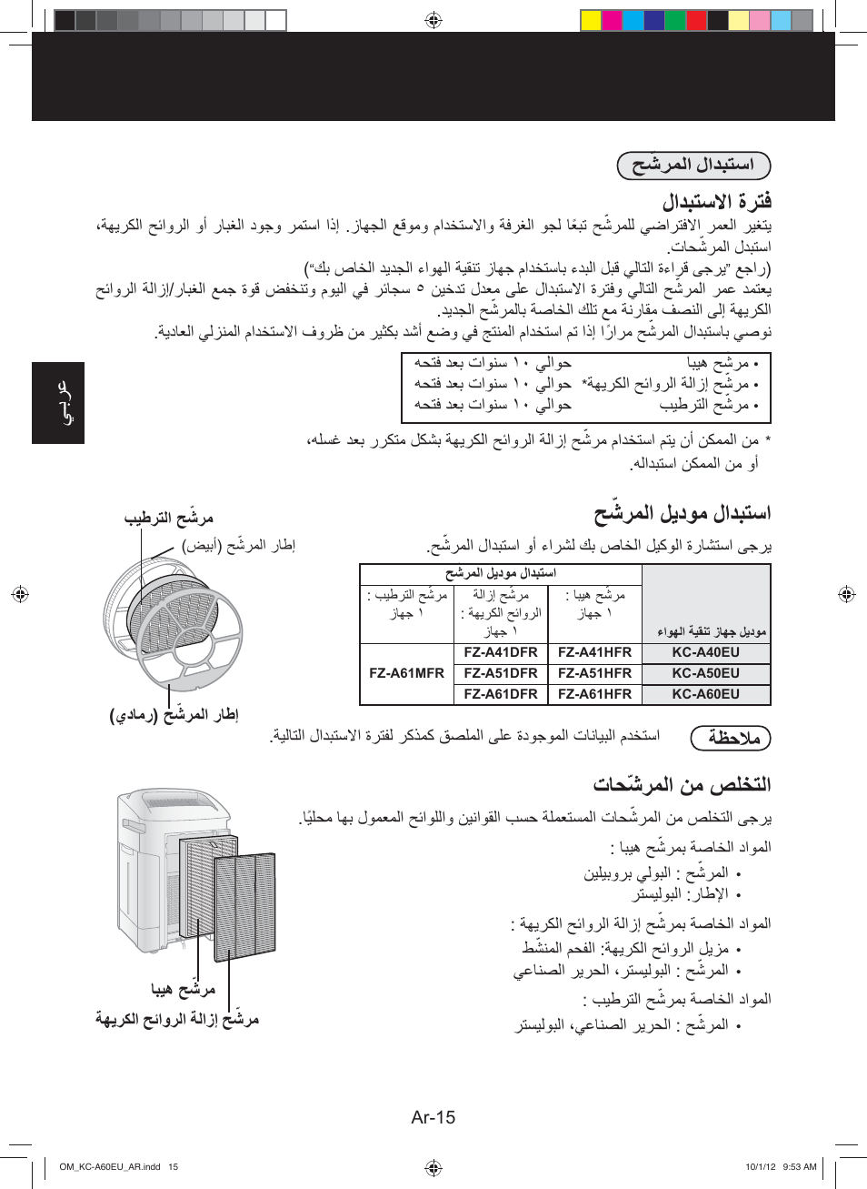 ﻝﺍﺩﺑﺗﺳﻻﺍ ﺓﺭﺗﻓ, ﺢ ّﺷﺭﻣﻟﺍ ﻝﻳﺩﻭﻣ ﻝﺍﺩﺑﺗﺳﺍ, ﺕﺎﺣّﺷﺭﻣﻟﺍ ﻥﻣ ﺹﻠﺧﺗﻟﺍ | ﻲـﺑﺭﻋ, ﺔﻅﺣﻼﻣ, ﺢ ّﺷﺭﻣﻟﺍ ﻝﺍﺩﺑﺗﺳﺍ | Sharp KC-A60EU W User Manual | Page 203 / 219