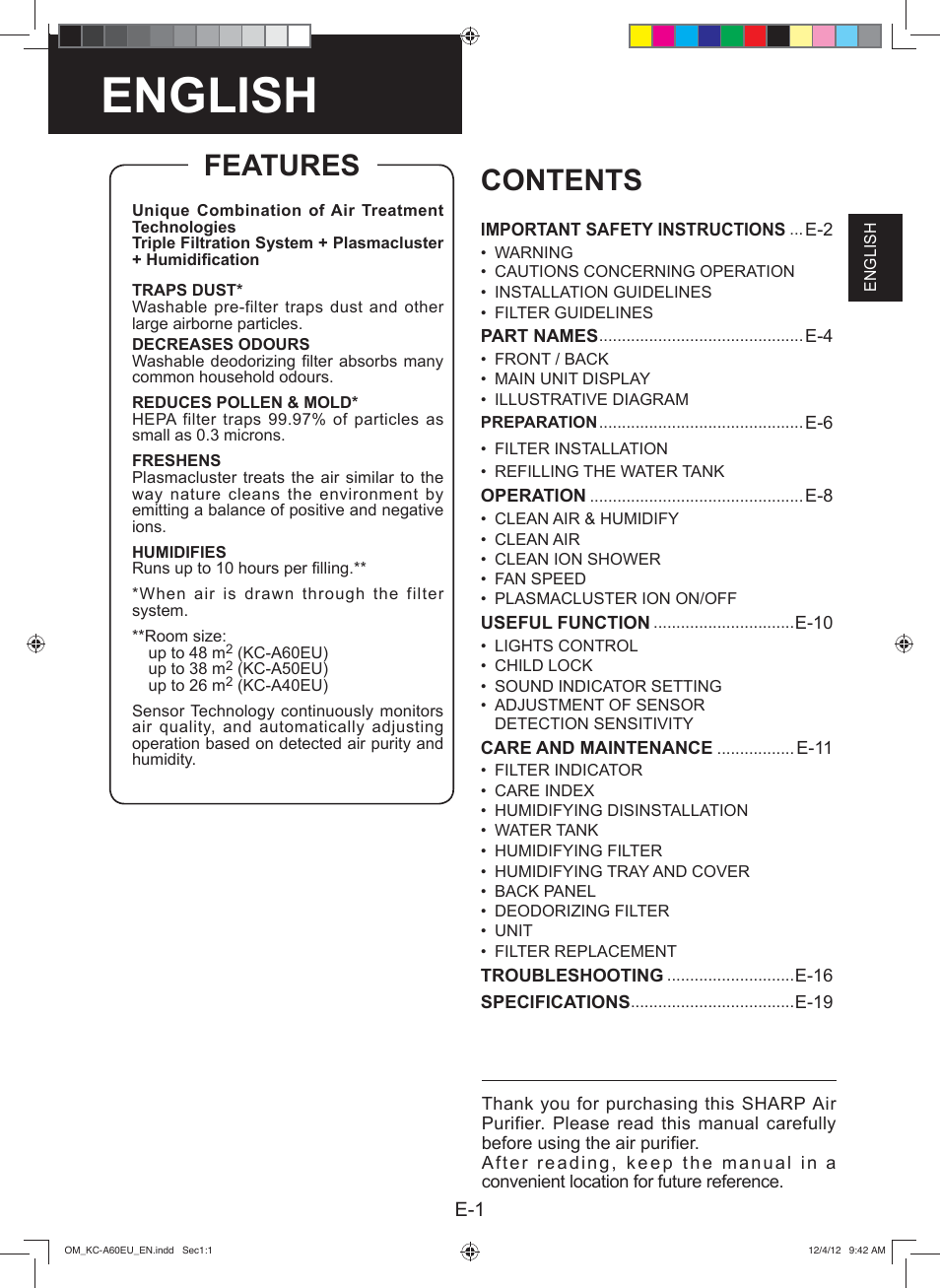 English, Features contents | Sharp KC-A60EU W User Manual | Page 3 / 219