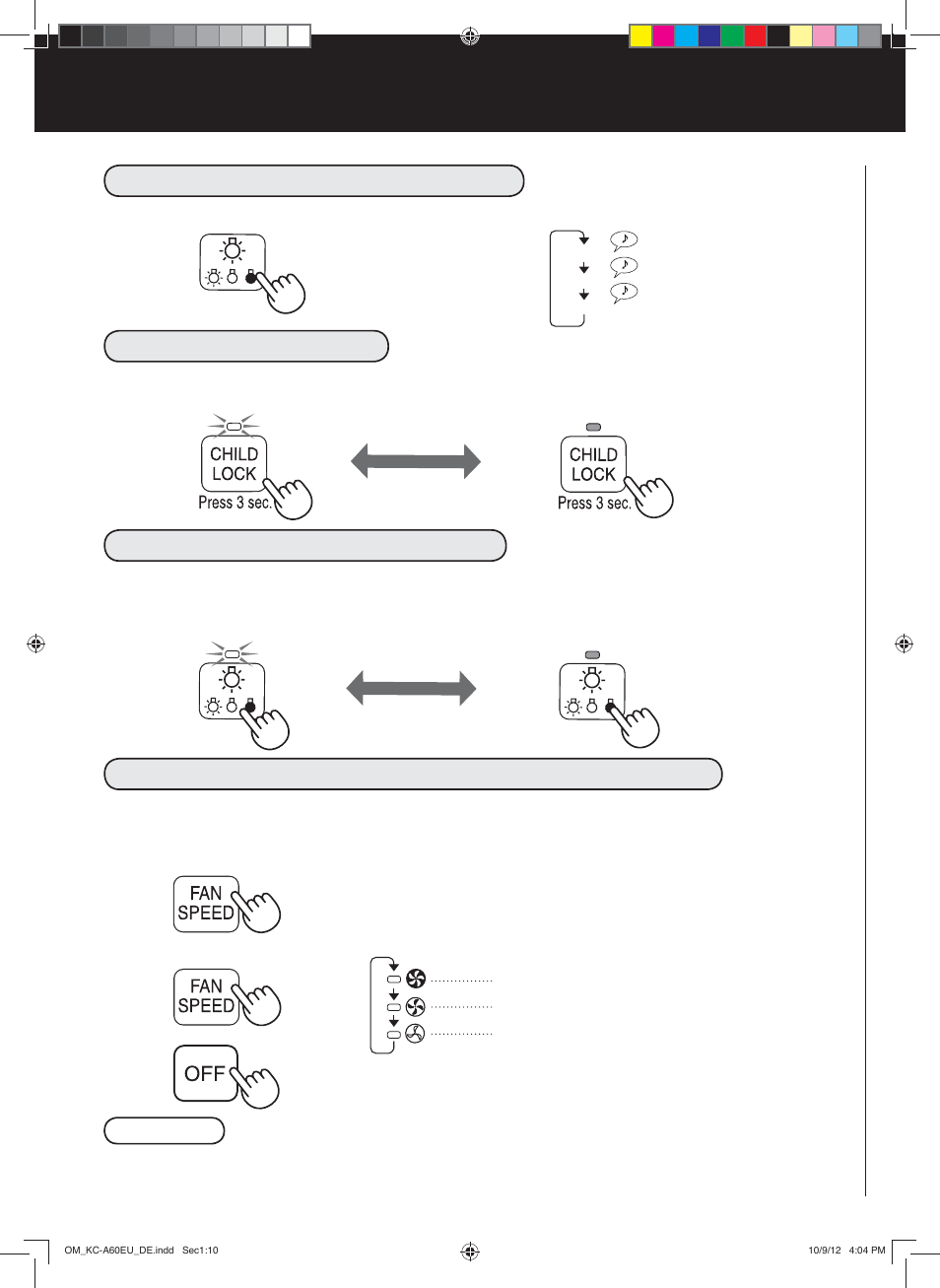 Nützliche funktionen, Leuchtanzeigensteuerung, Kindersicherung | Ein stornierung tonanzeiger-einstellung, Ein einstellung der sensorempfindlichkeit, Stornierung | Sharp KC-A60EU W User Manual | Page 34 / 219