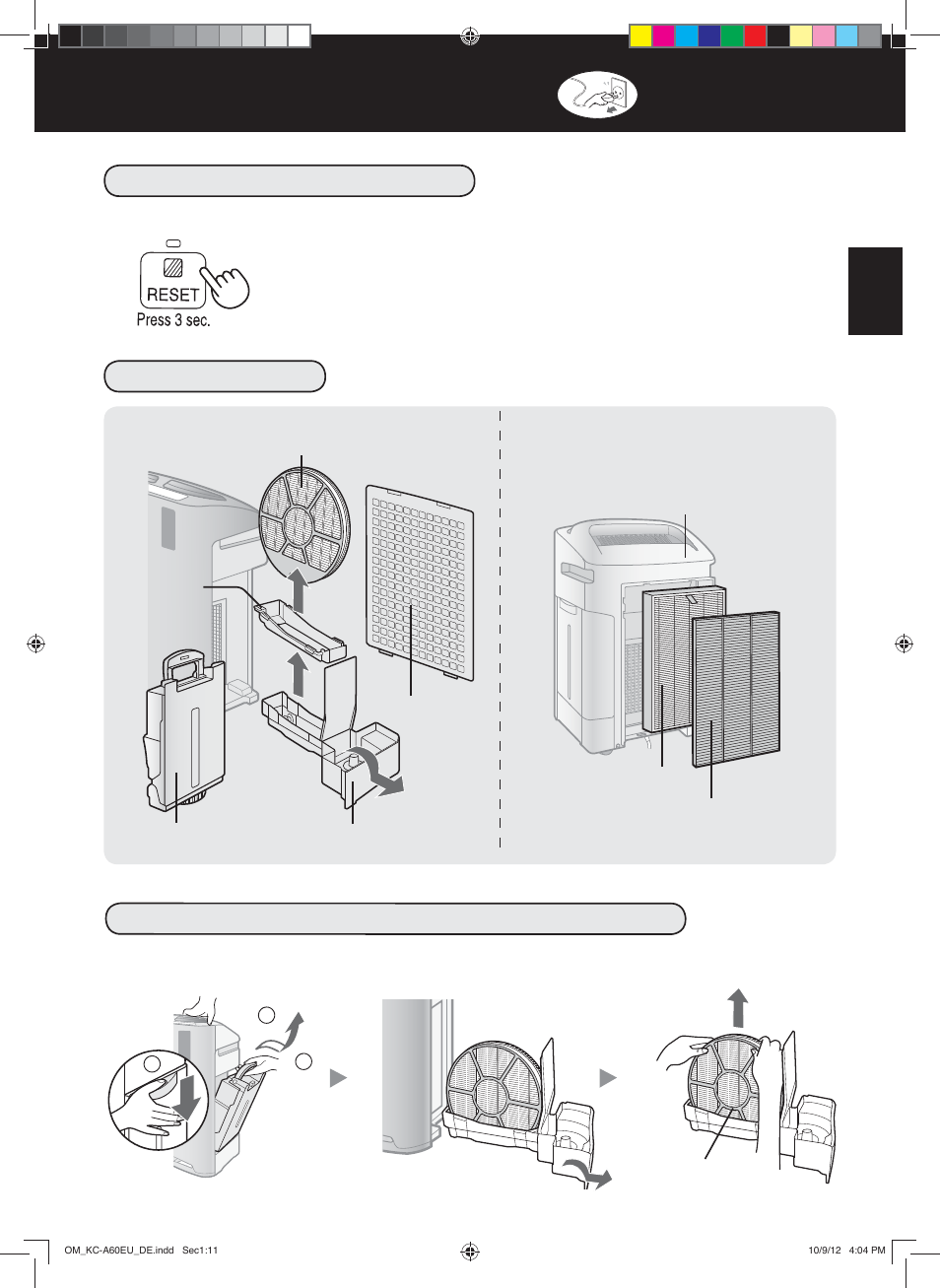 Pflege und wartung, Pflege-index, Deinstallation der luftbefeuchtung | Filter-kontrolleuchte | Sharp KC-A60EU W User Manual | Page 35 / 219