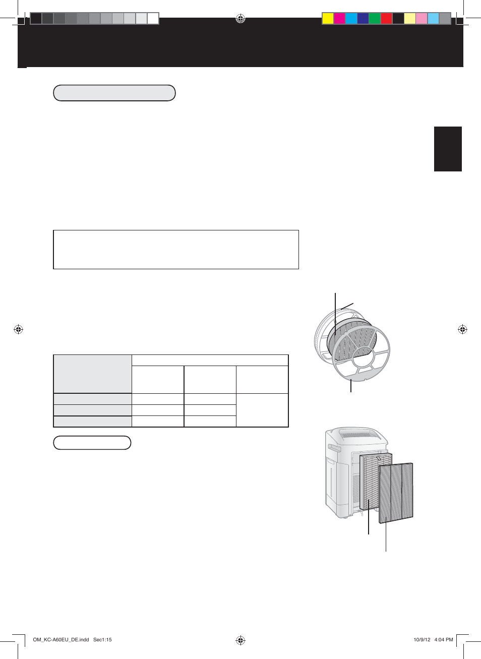 Ersatzfilter-modell, Zeitpunkt eines filteraustauschs, Filterersatz | Entsorgung der filter, D-15, Anmerkung | Sharp KC-A60EU W User Manual | Page 39 / 219