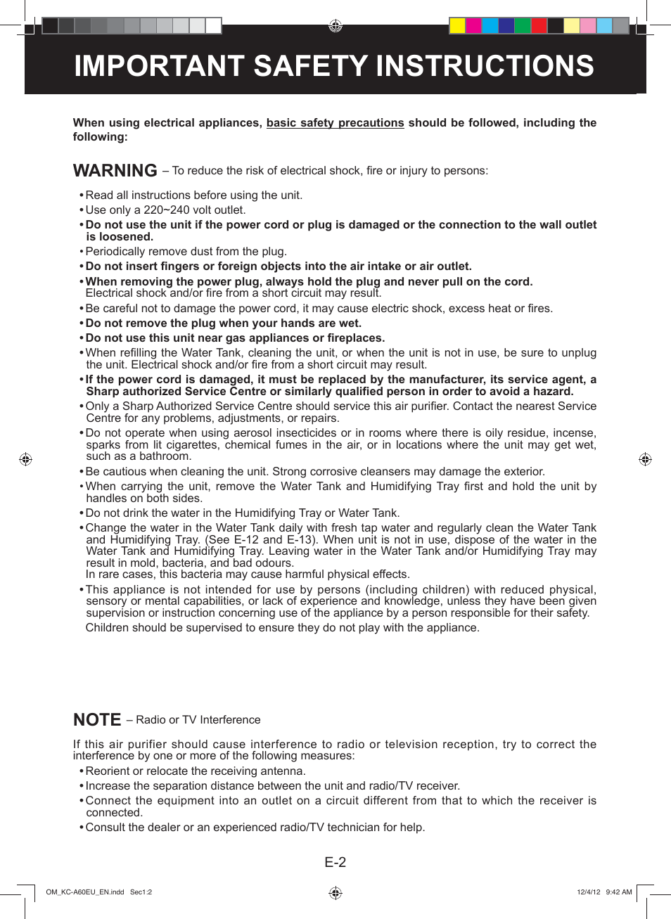 Important safety instructions, Warning | Sharp KC-A60EU W User Manual | Page 4 / 219