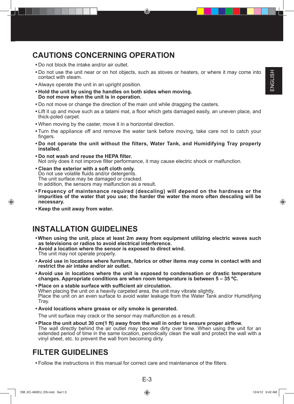 Cautions concerning operation, Installation guidelines, Filter guidelines | Sharp KC-A60EU W User Manual | Page 5 / 219
