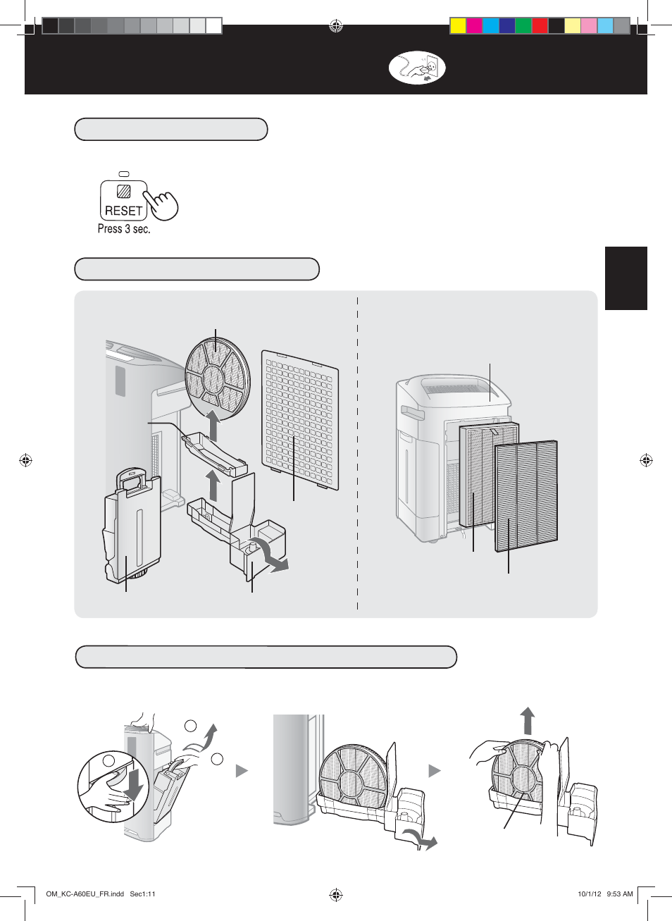 Soin et entretien, Index de maintenance, Désinstallation de l’humidification | Voyant du filtre | Sharp KC-A60EU W User Manual | Page 57 / 219