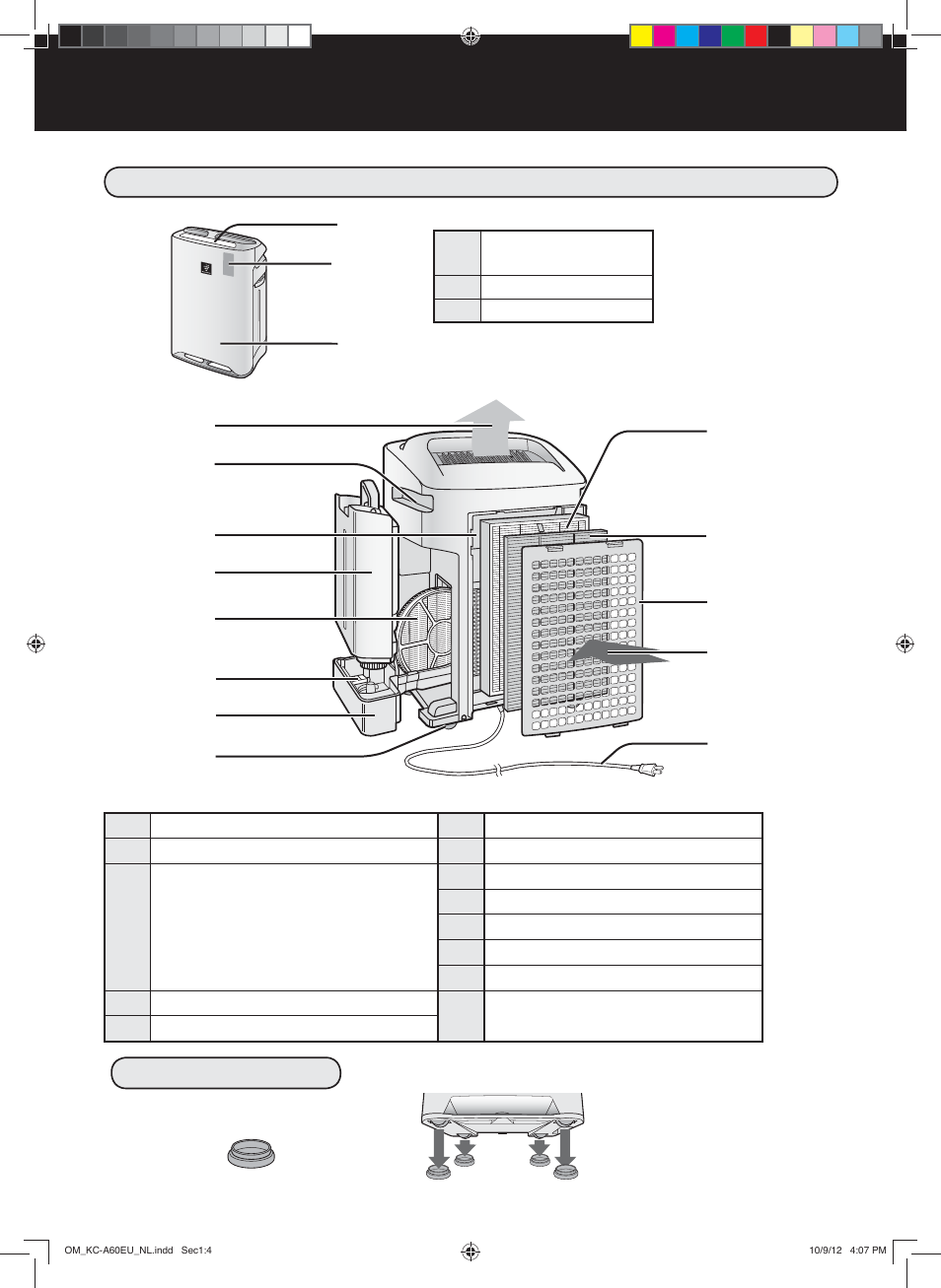 Benaming van de onderdelen, Voorzijde / achterzijde, 12 meegeleverd | Sharp KC-A60EU W User Manual | Page 72 / 219
