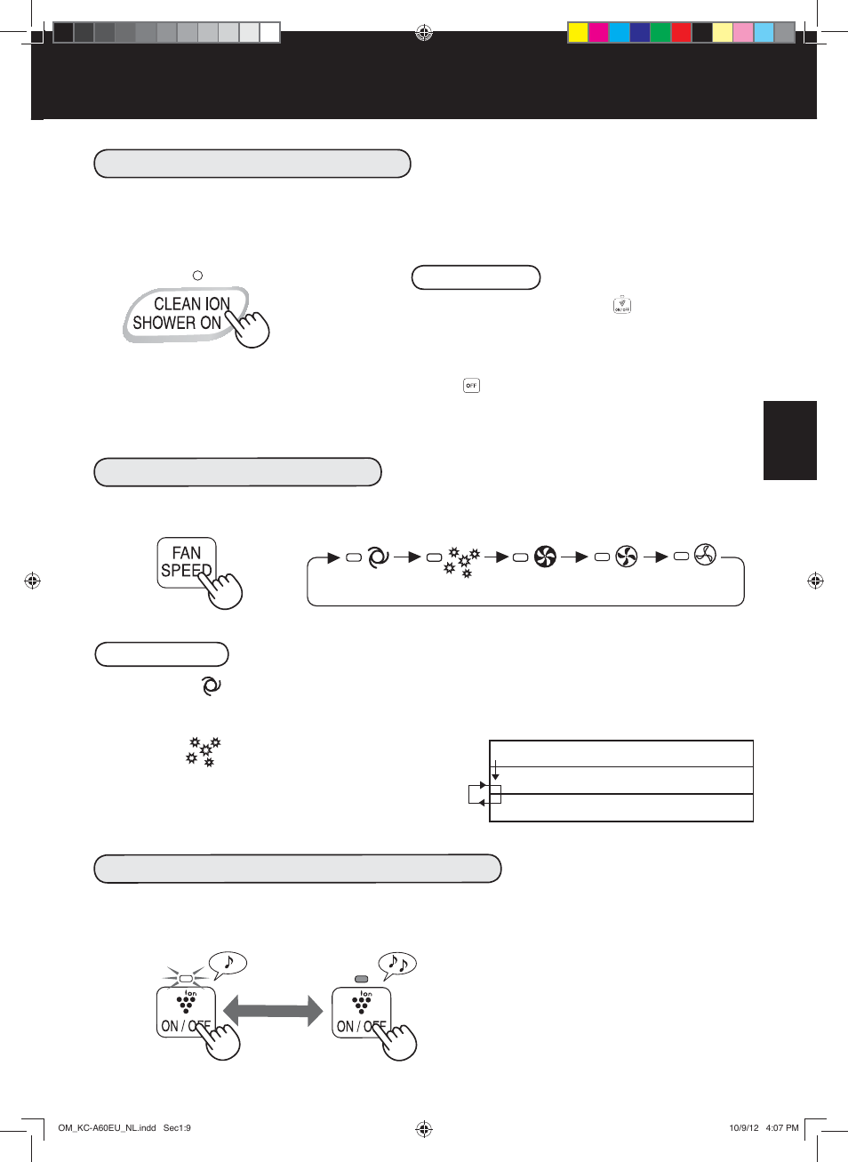 Ionendouche reinigen start, Plasmacluster ionen aan/uit ventilatorsnelheid | Sharp KC-A60EU W User Manual | Page 77 / 219